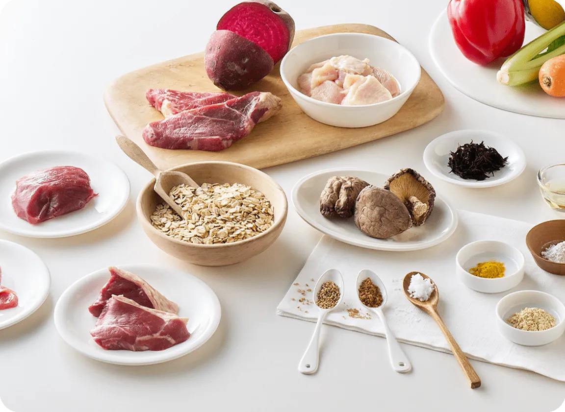 天然の原材料(肉・野菜・穀物)を並べた写真