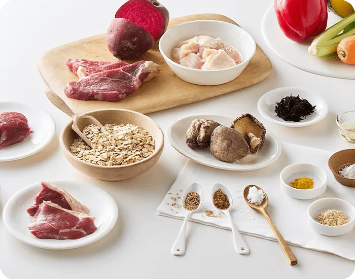 天然の原材料（肉・野菜・穀物）を並べた写真