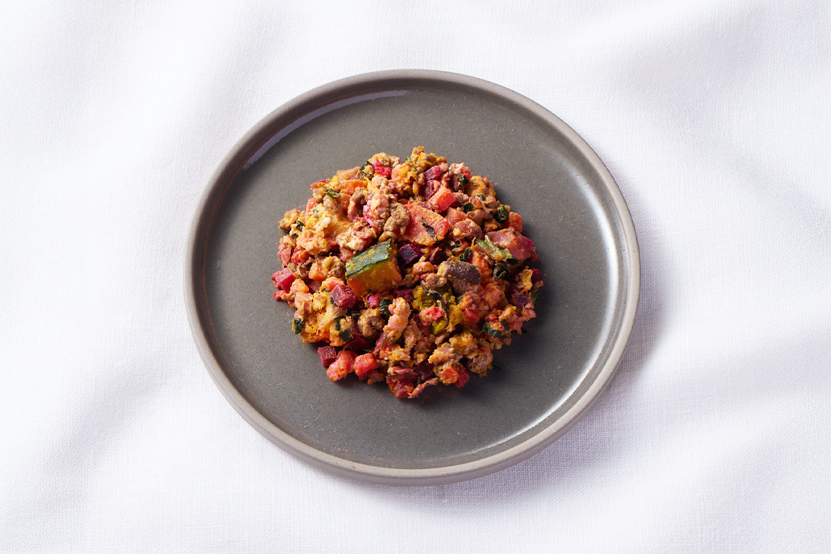 にんじん・ビーツ・かぼちゃなど赤やオレンジの野菜が彩る犬用ワンプレート