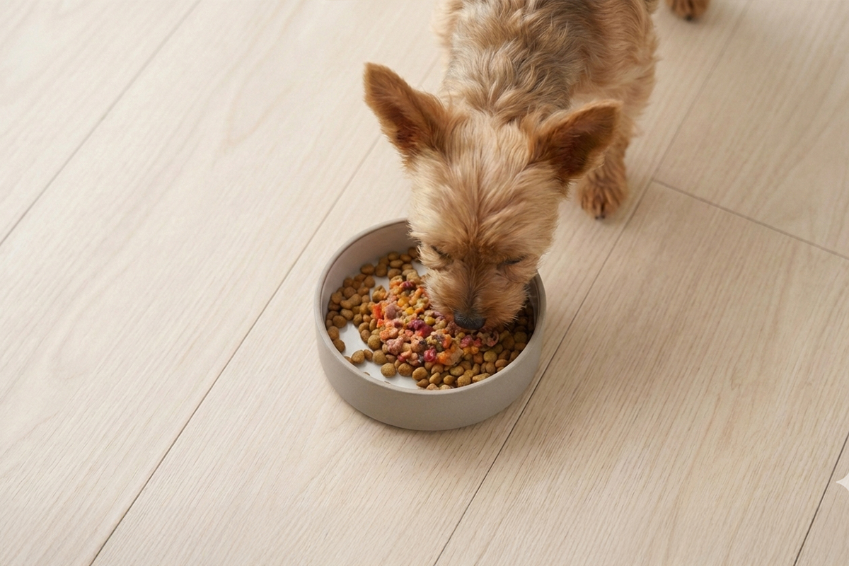 帰宅後 落ち着いて食事をする犬