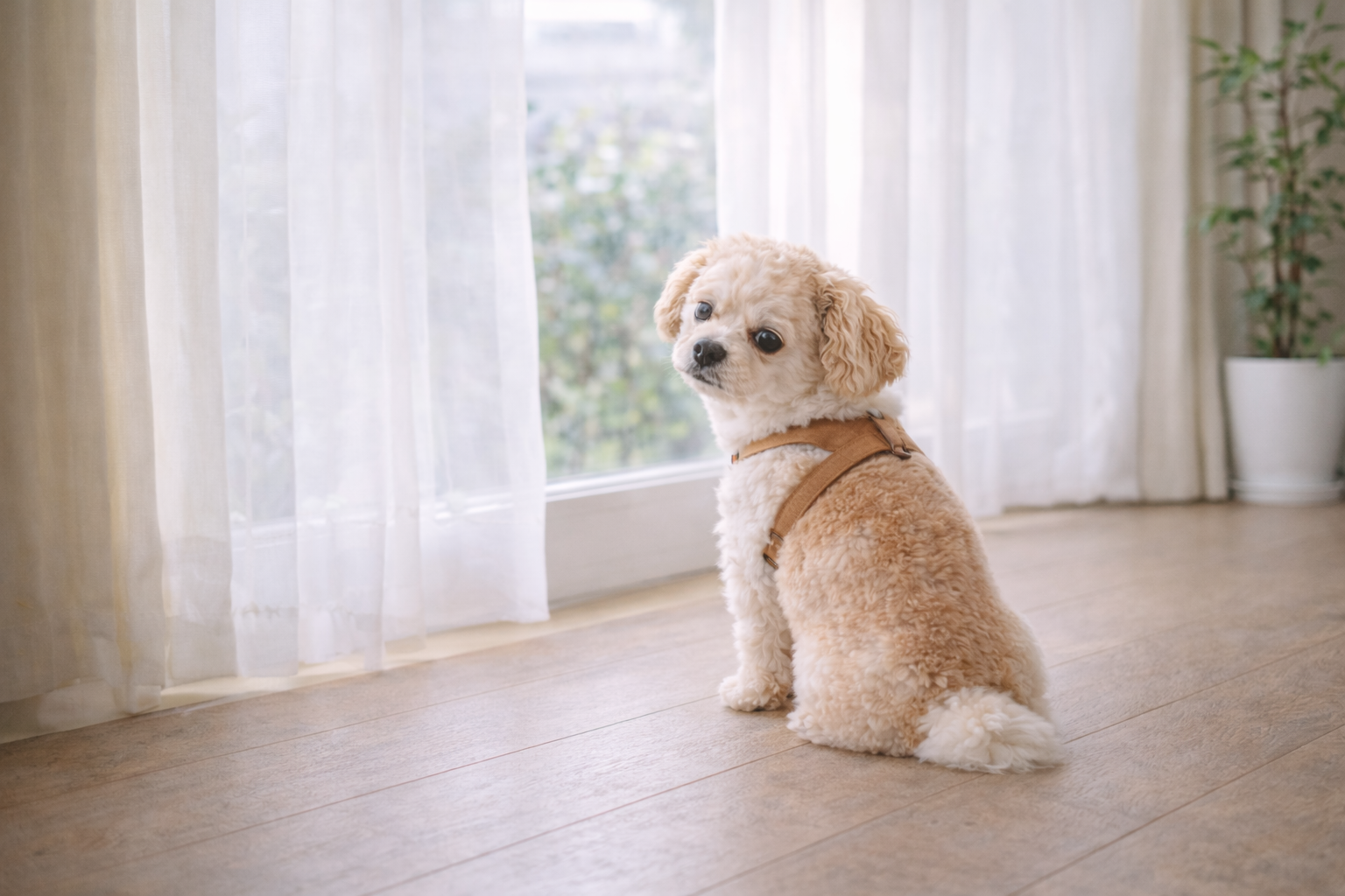 春の変化を見守る飼い主と犬のイメージ