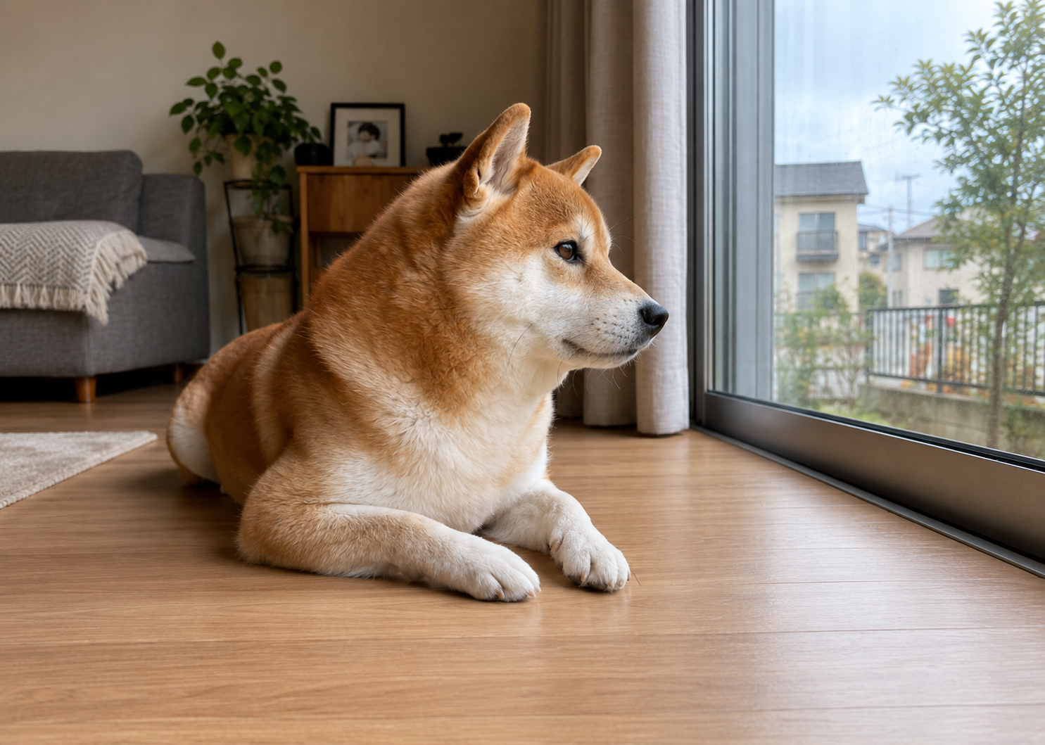 ごはんを前に考え込む柴犬のイメージ