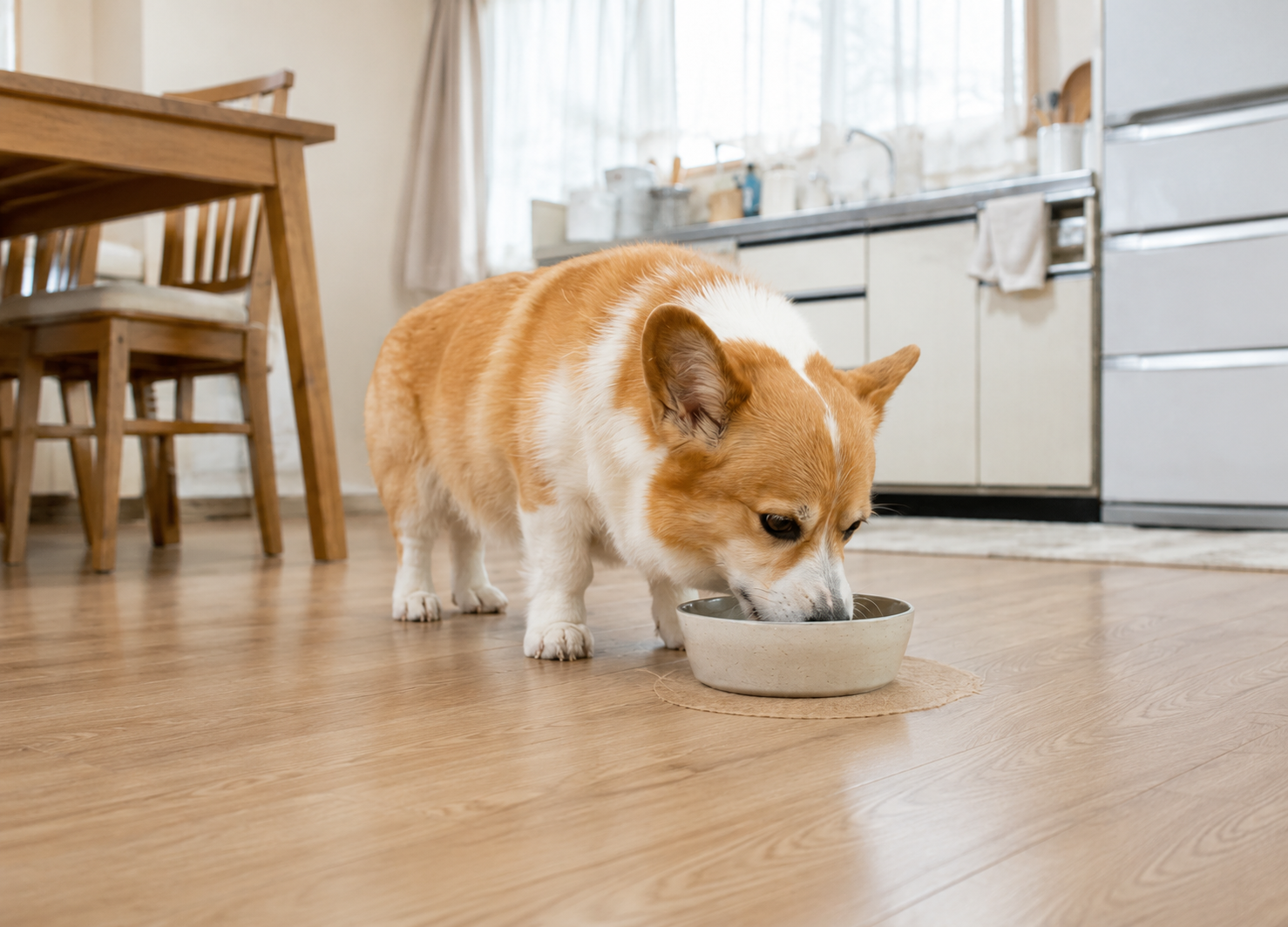 運動後の食べ方を見守るコーギーのイメージ