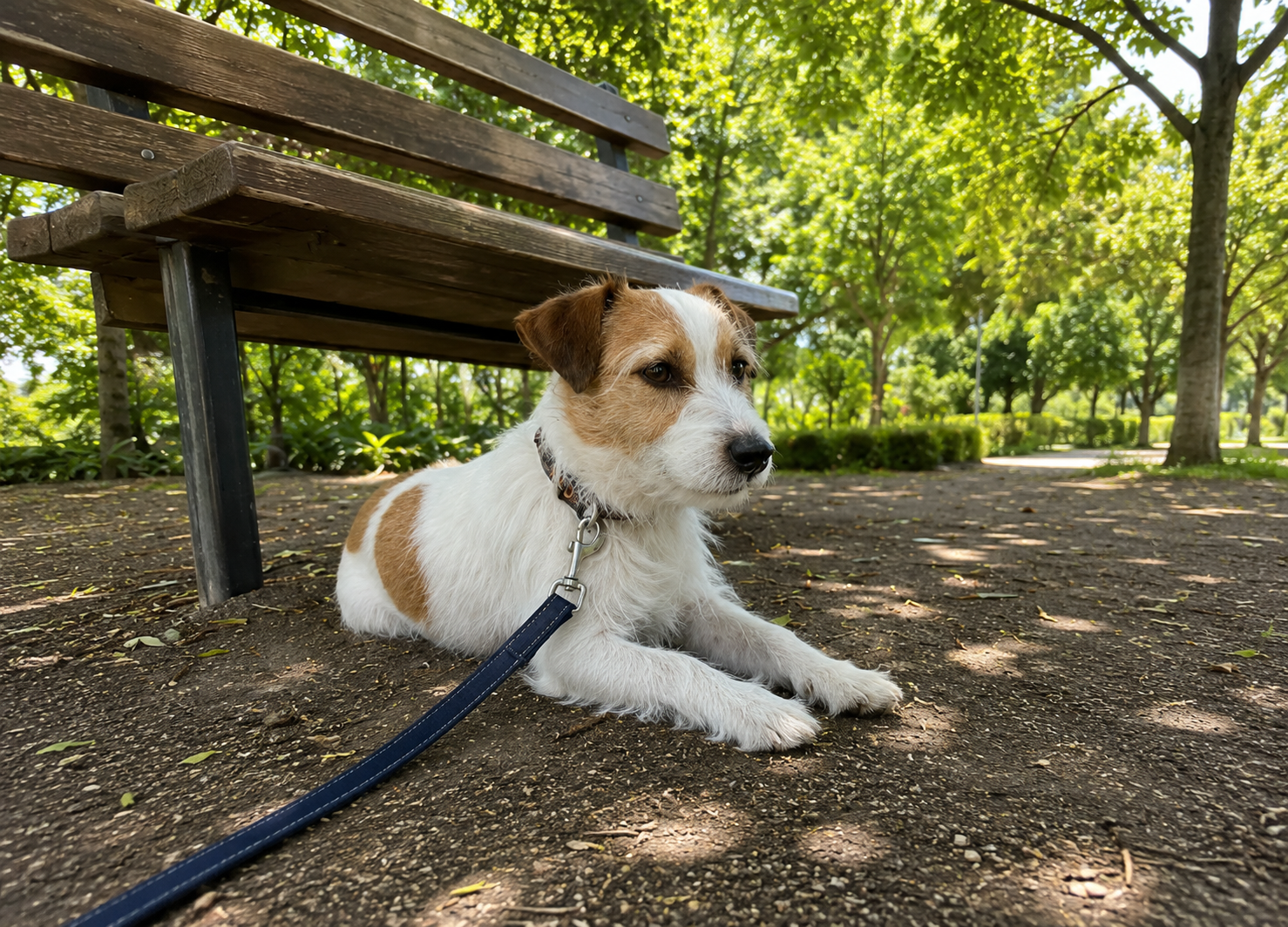 暖かい季節に無理なく散歩する犬のイメージ