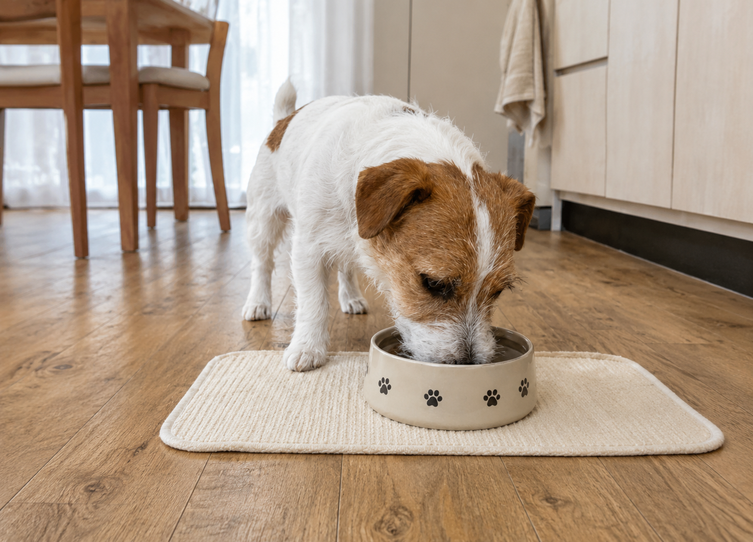 運動後の食べ方の変化を見守る犬のイメージ