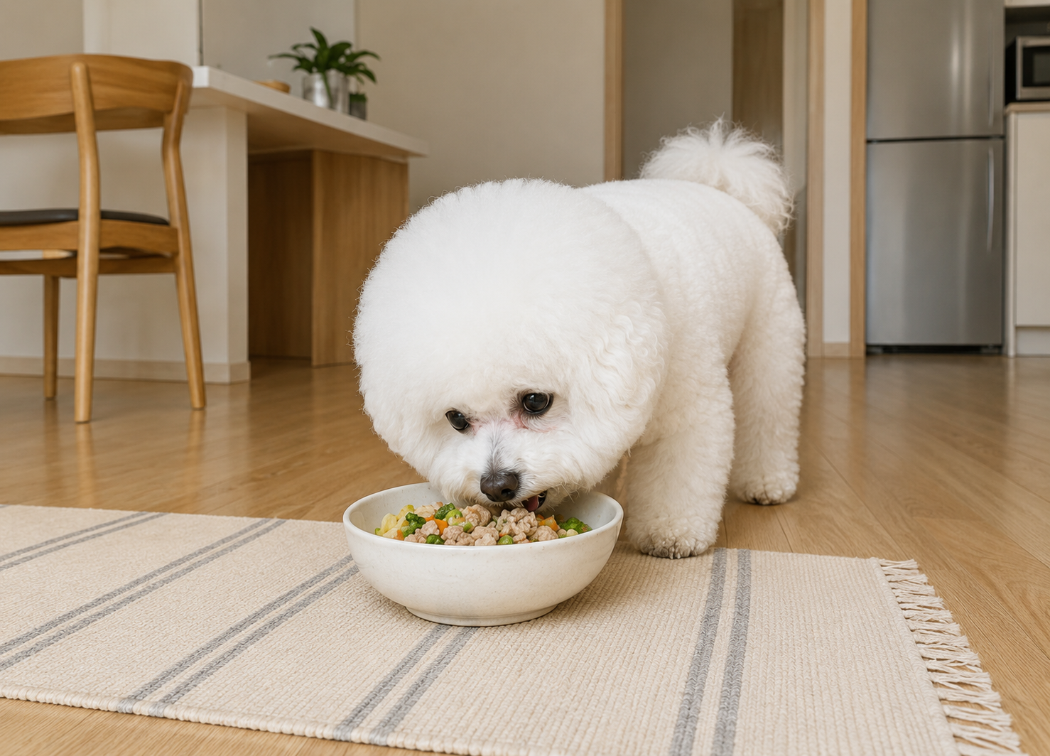 毎日の食事でコンディションを整えるビションフリーゼのイメージ