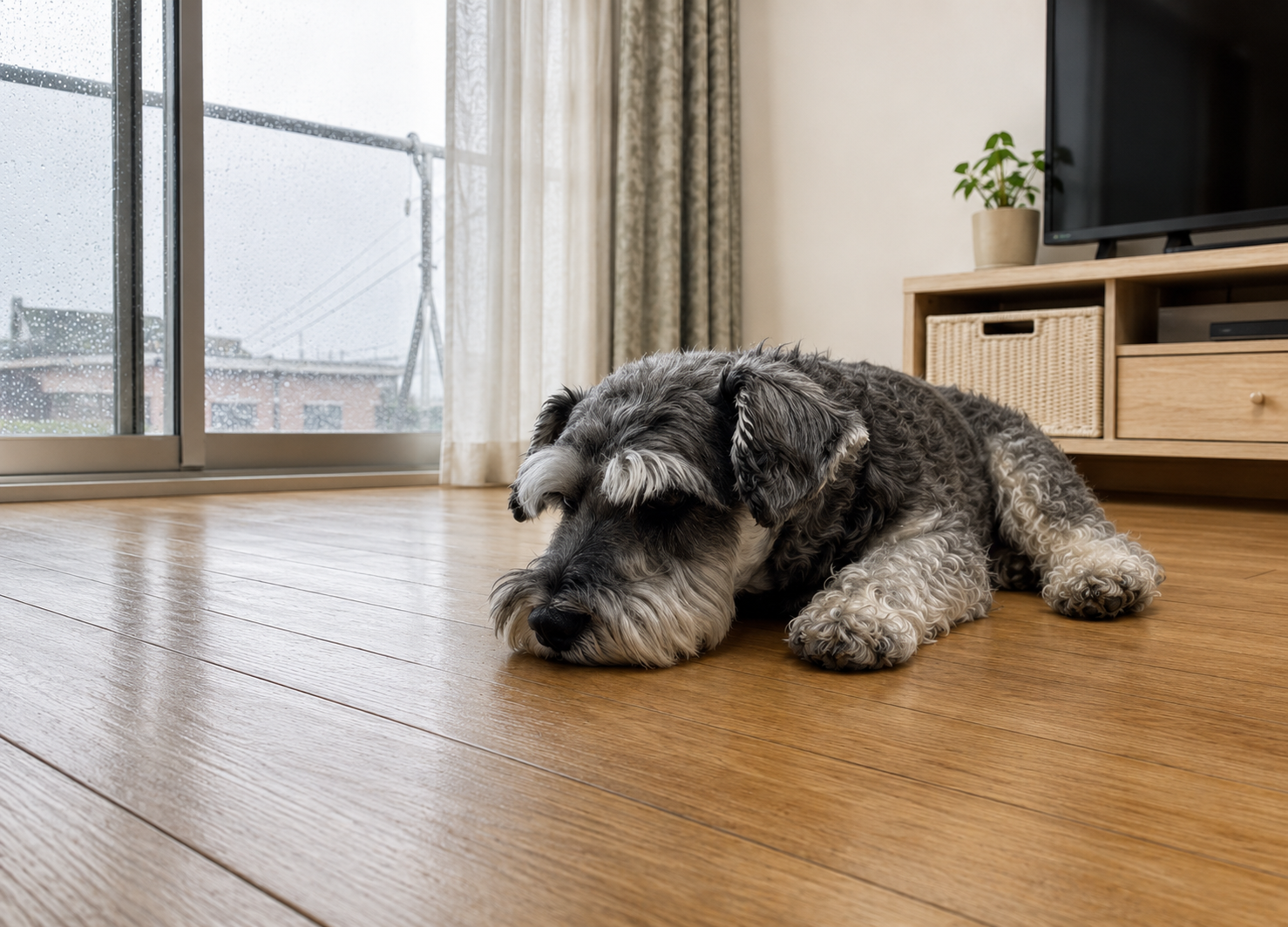 梅雨の時期に無理なく過ごす高齢犬のイメージ