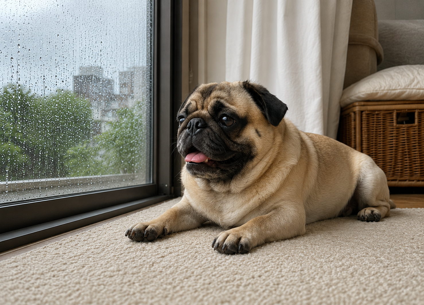梅雨時期に室内で過ごすパグ