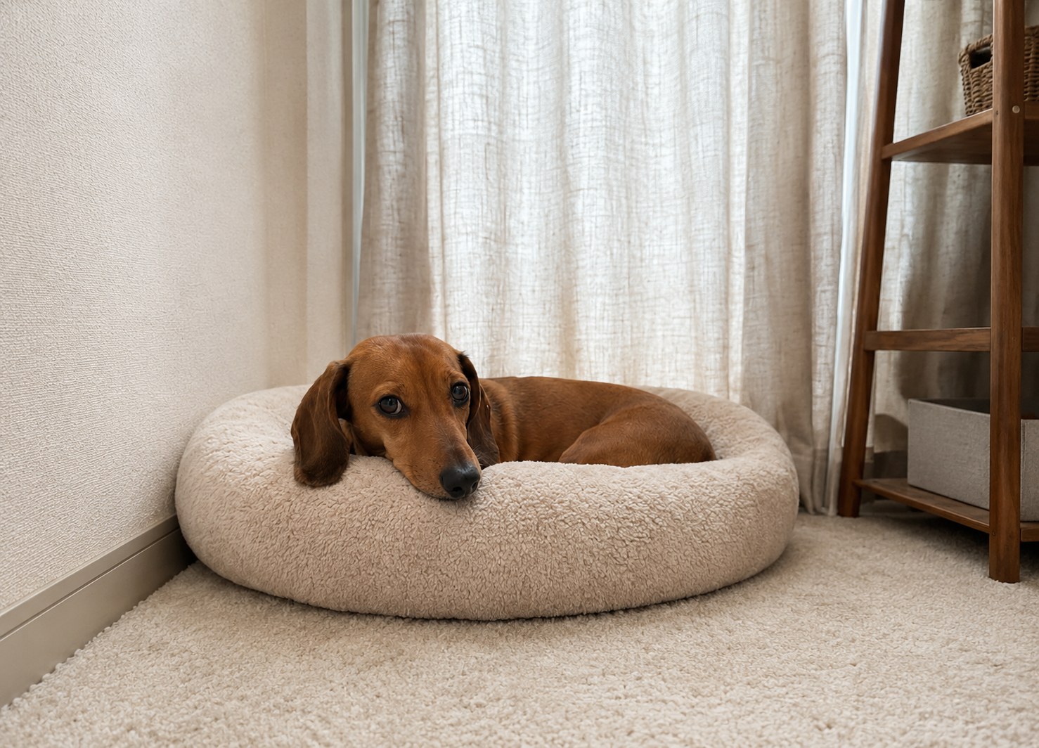 雷の日に落ち着ける場所で過ごす犬