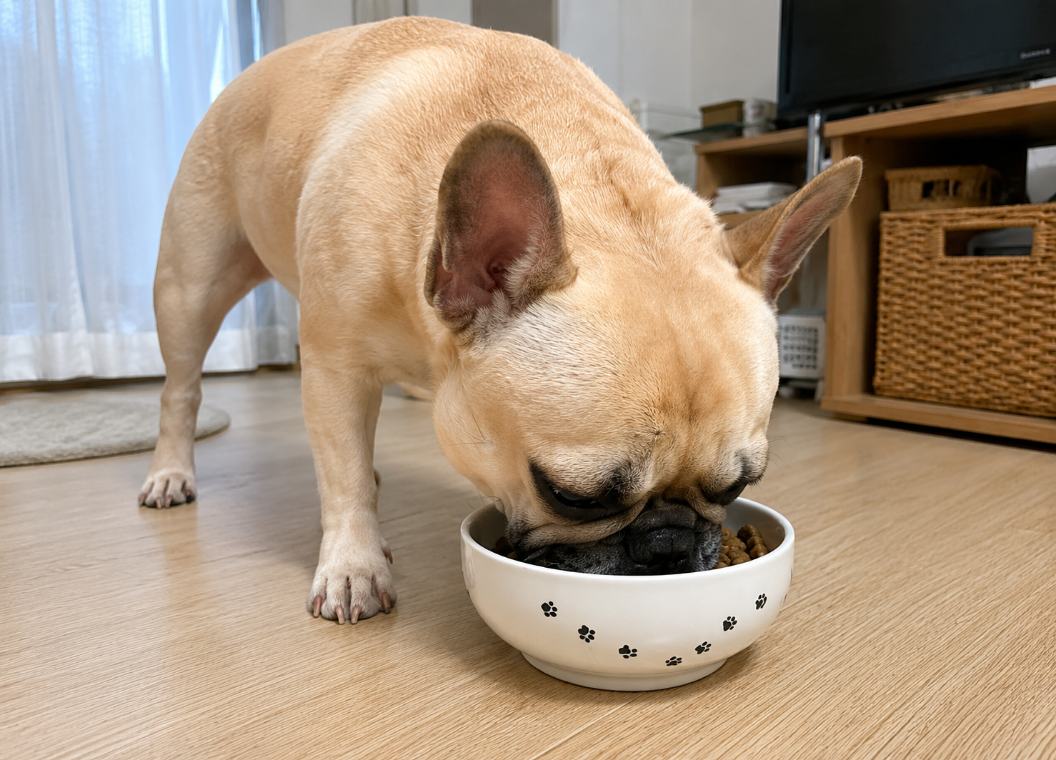 夏に食事から水分を摂る犬