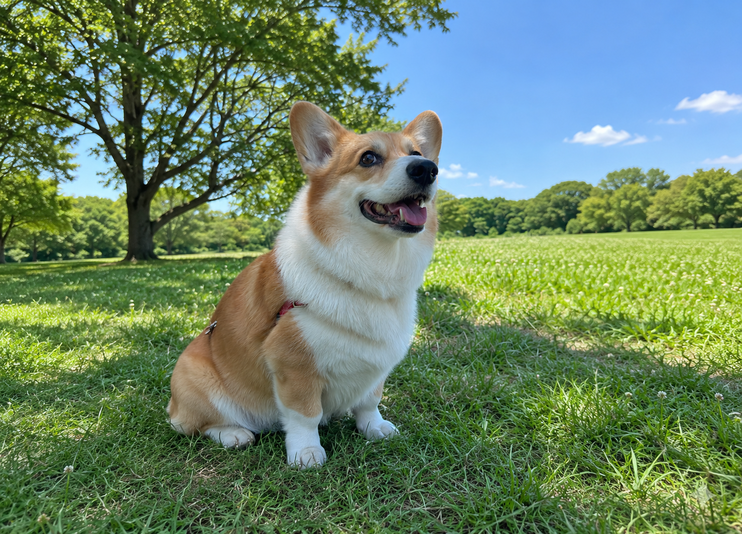 夏の早朝に公園を散歩する犬