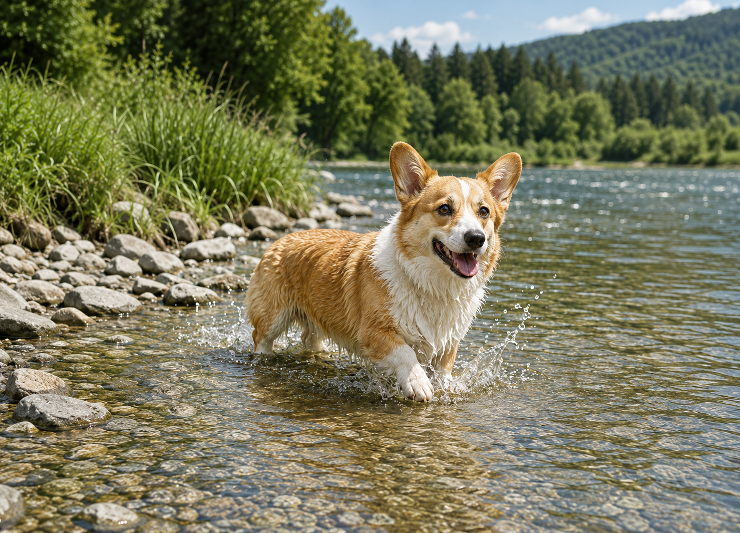 浅い水辺で水遊びを楽しむ犬