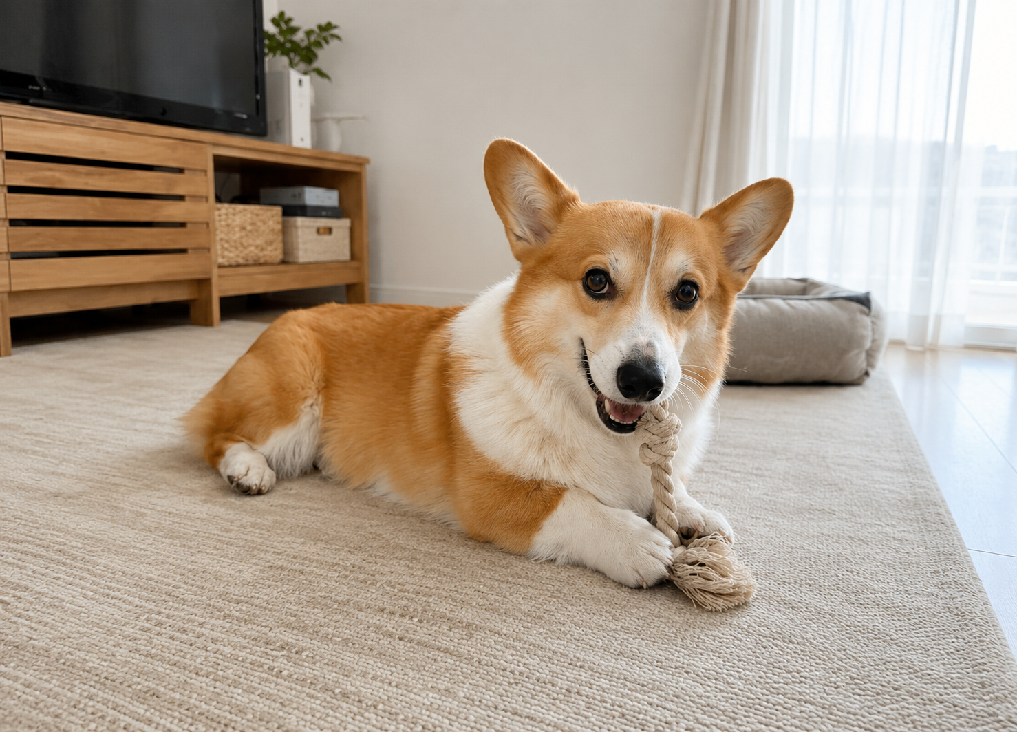 夏の室内で知育おもちゃを楽しむ犬