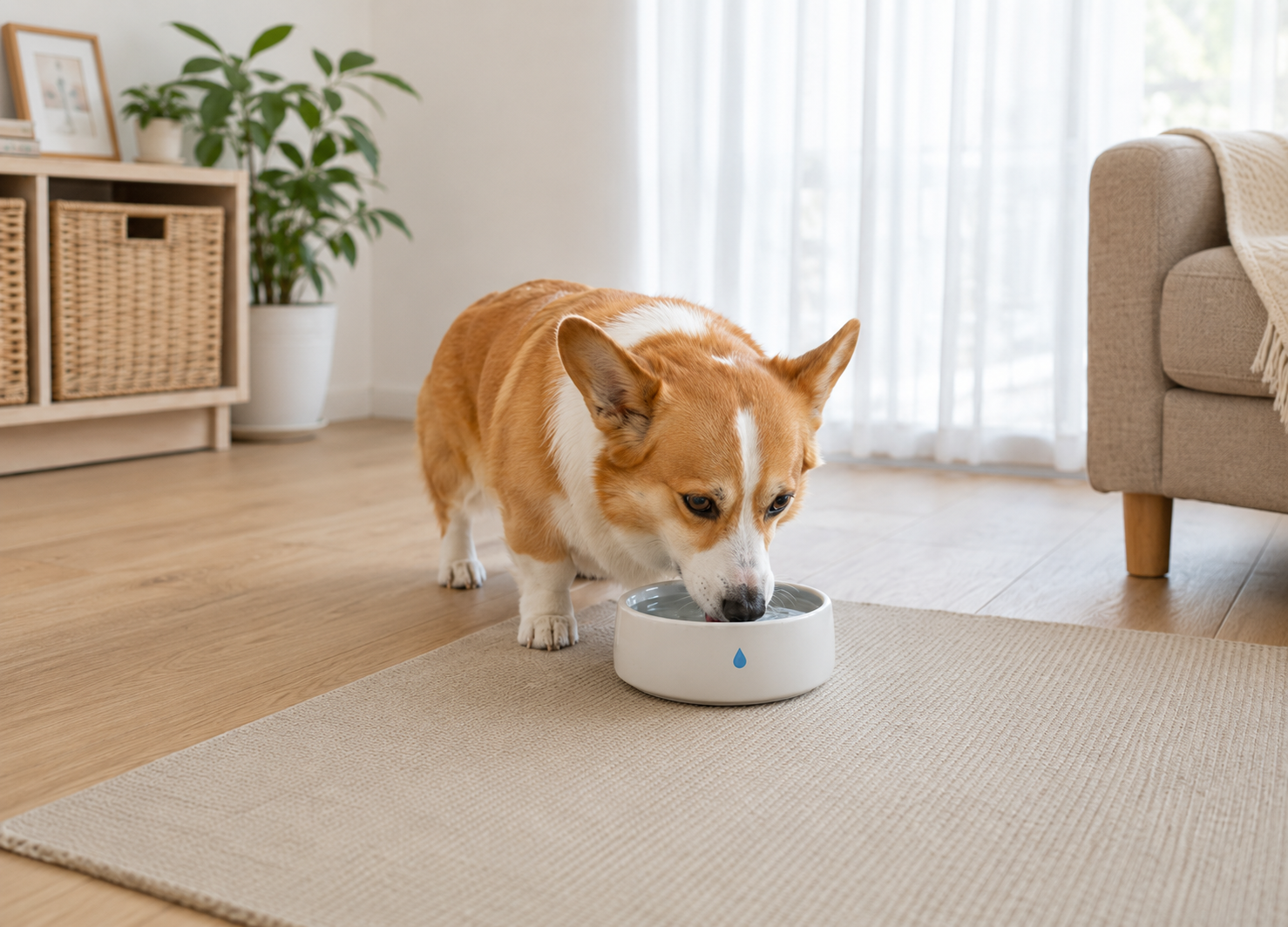 夏の外出先で水分補給をする犬