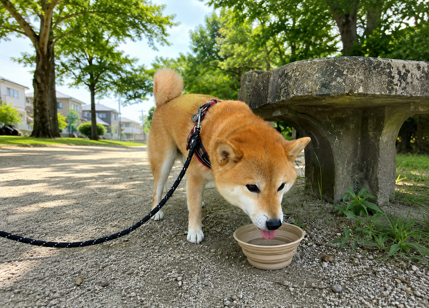 夏の散歩途中に木陰で水分補給をする犬