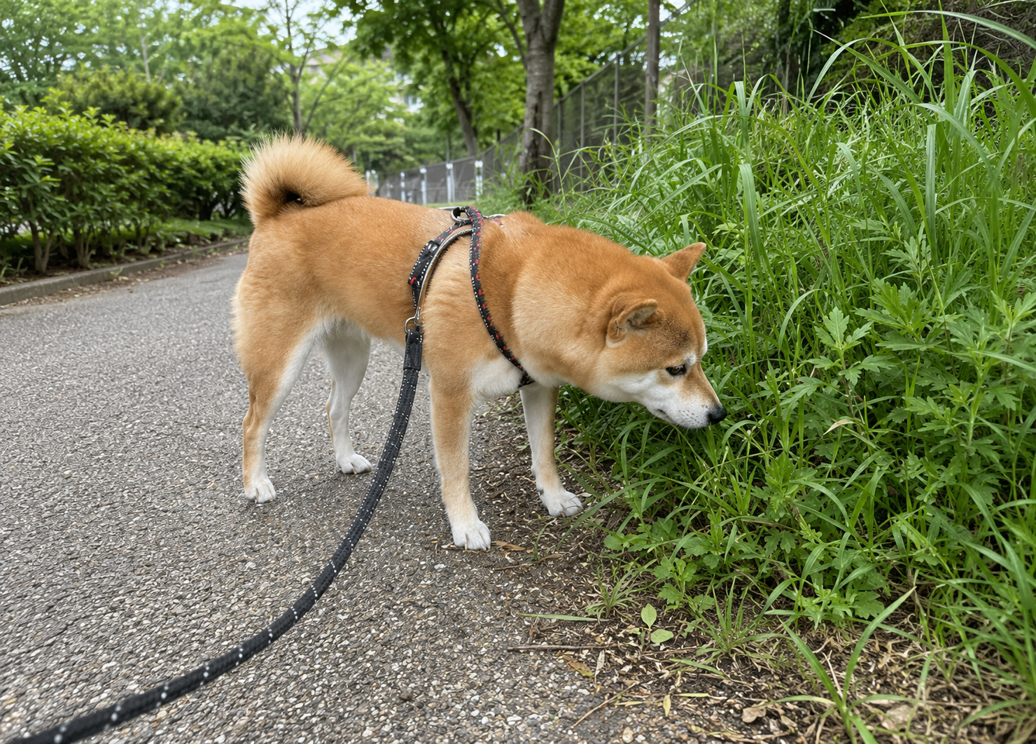 夏の草むらの近くを散歩する犬