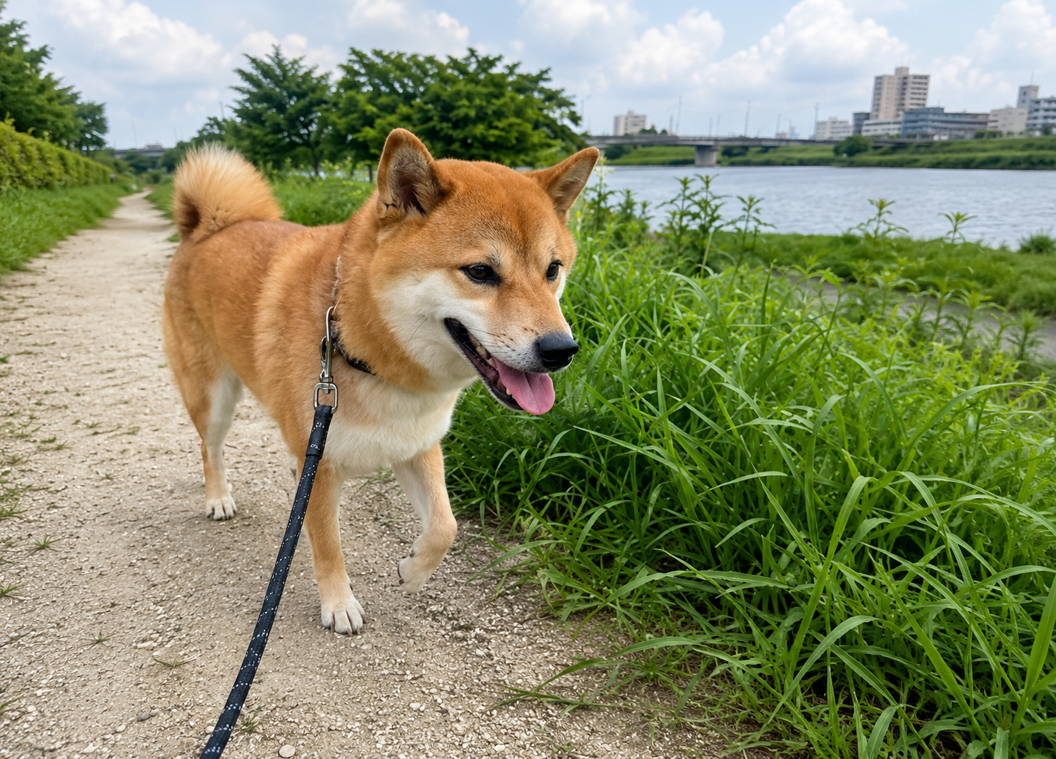 夏の公園を散歩する犬と草むら