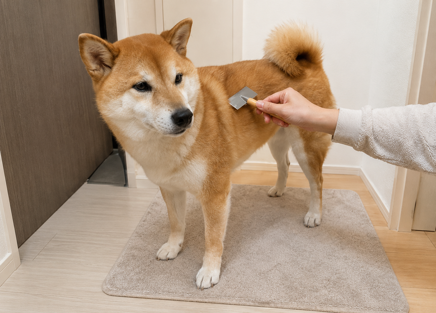 散歩後に犬の足先や被毛を確認する飼い主