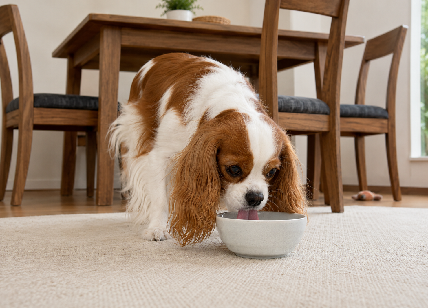 夏の食事をゆっくり食べる犬の様子
