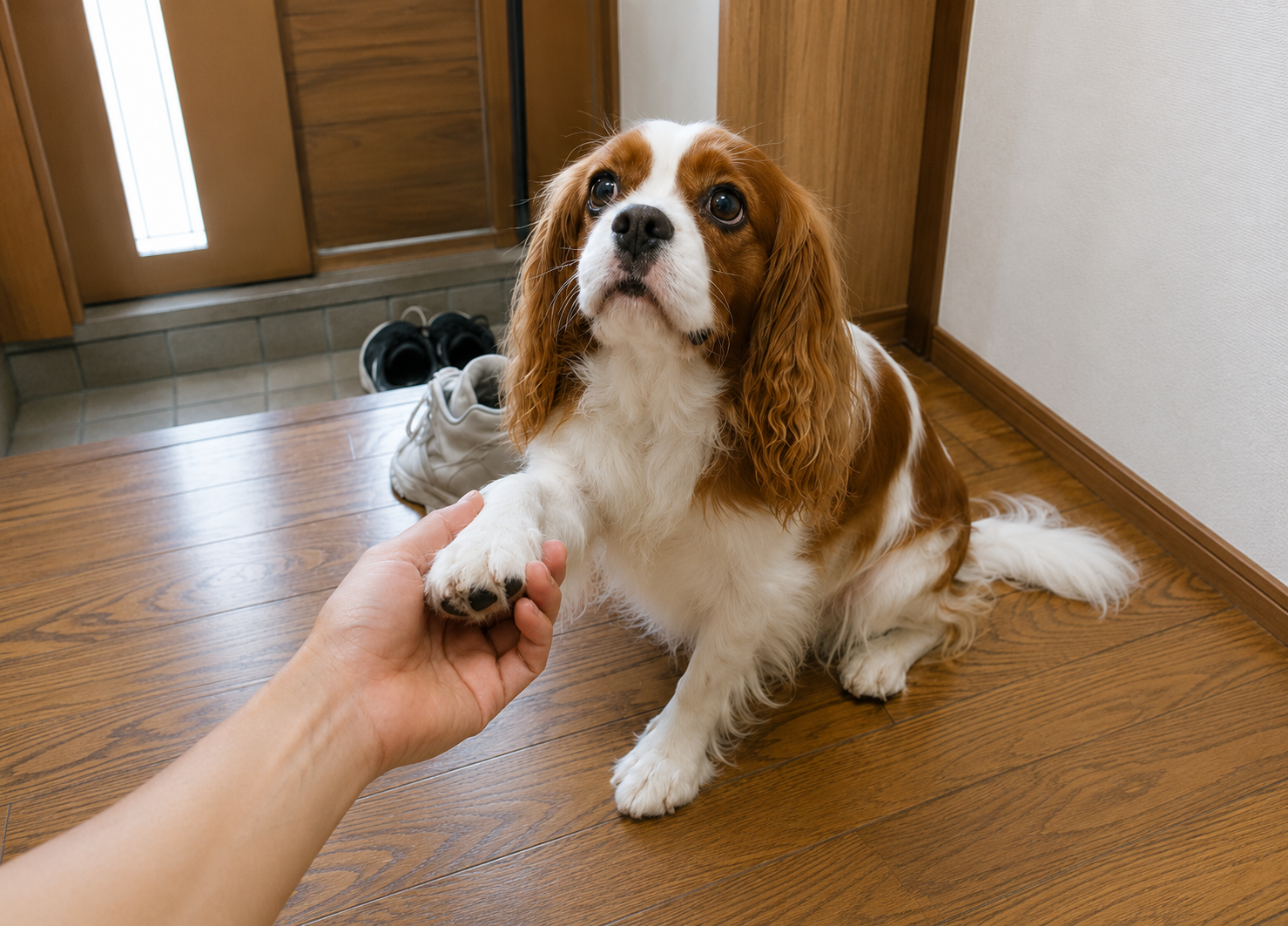 散歩後に犬の肉球を確認する飼い主