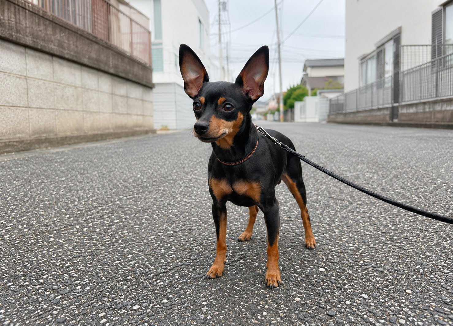 夏のアスファルトの近くを歩く短毛の小型犬