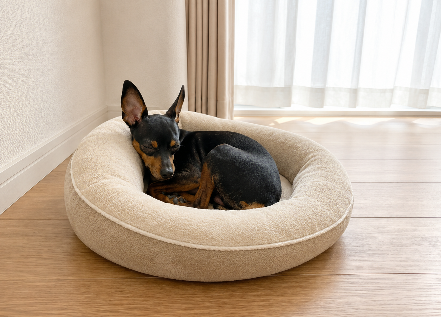 フローリングやベッドを行き来して快適な場所を選ぶ短毛の小型犬