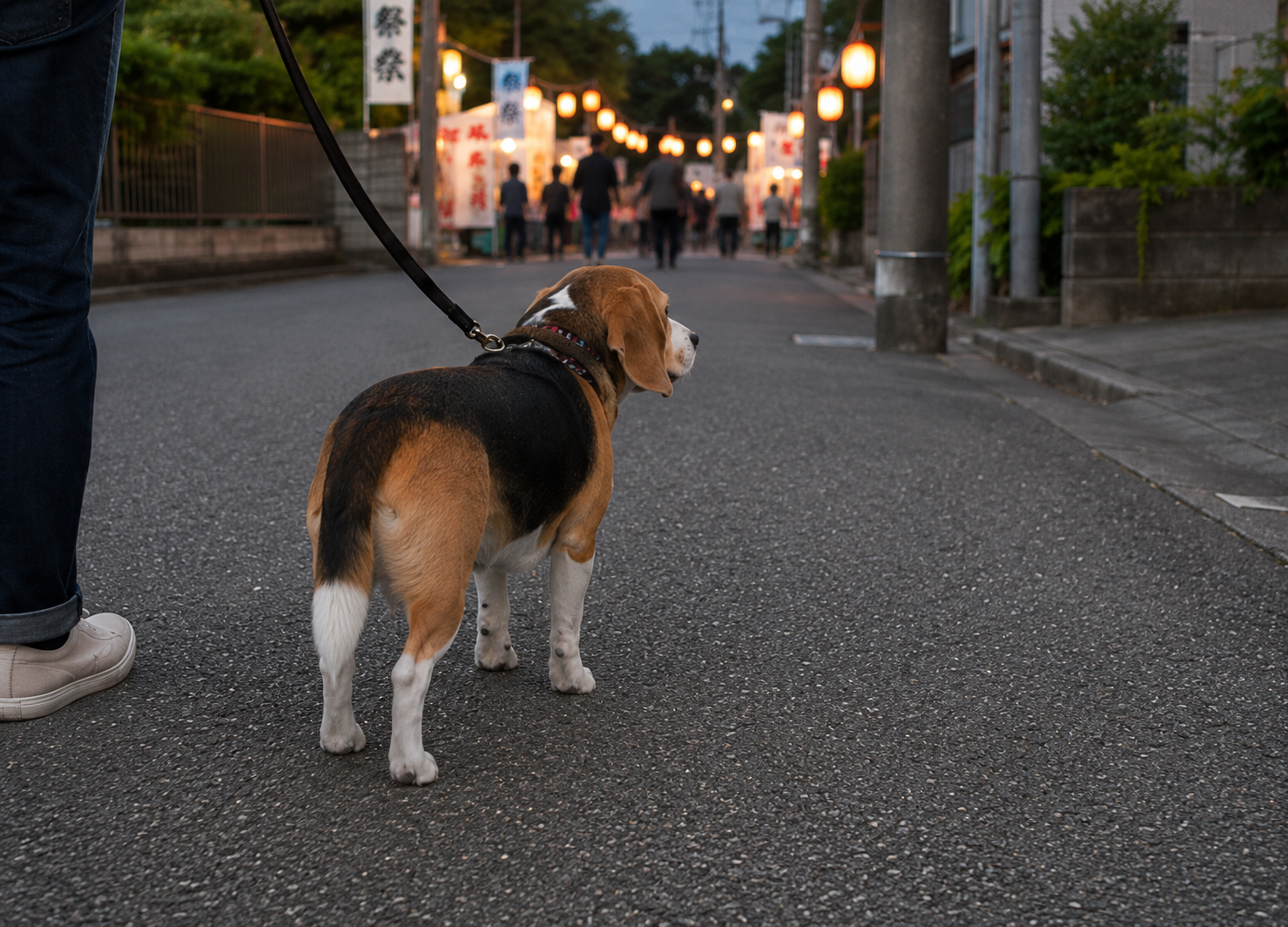 夏祭りを楽しんだあと飼い主と帰るビーグル