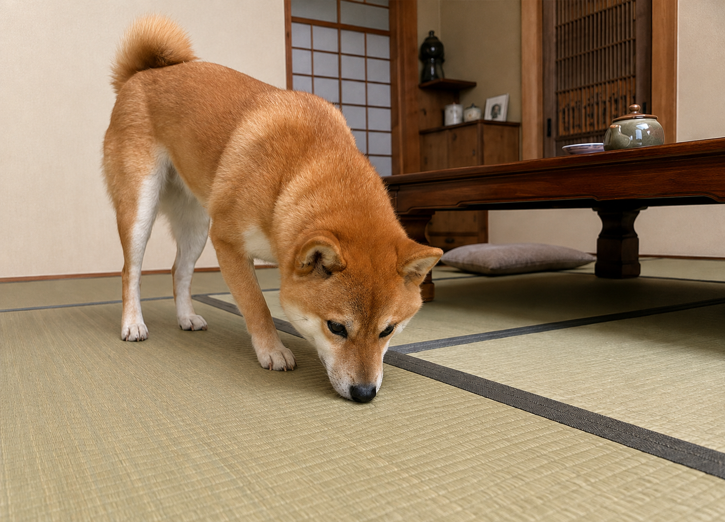 お盆の帰省先で周囲の様子をうかがう柴犬