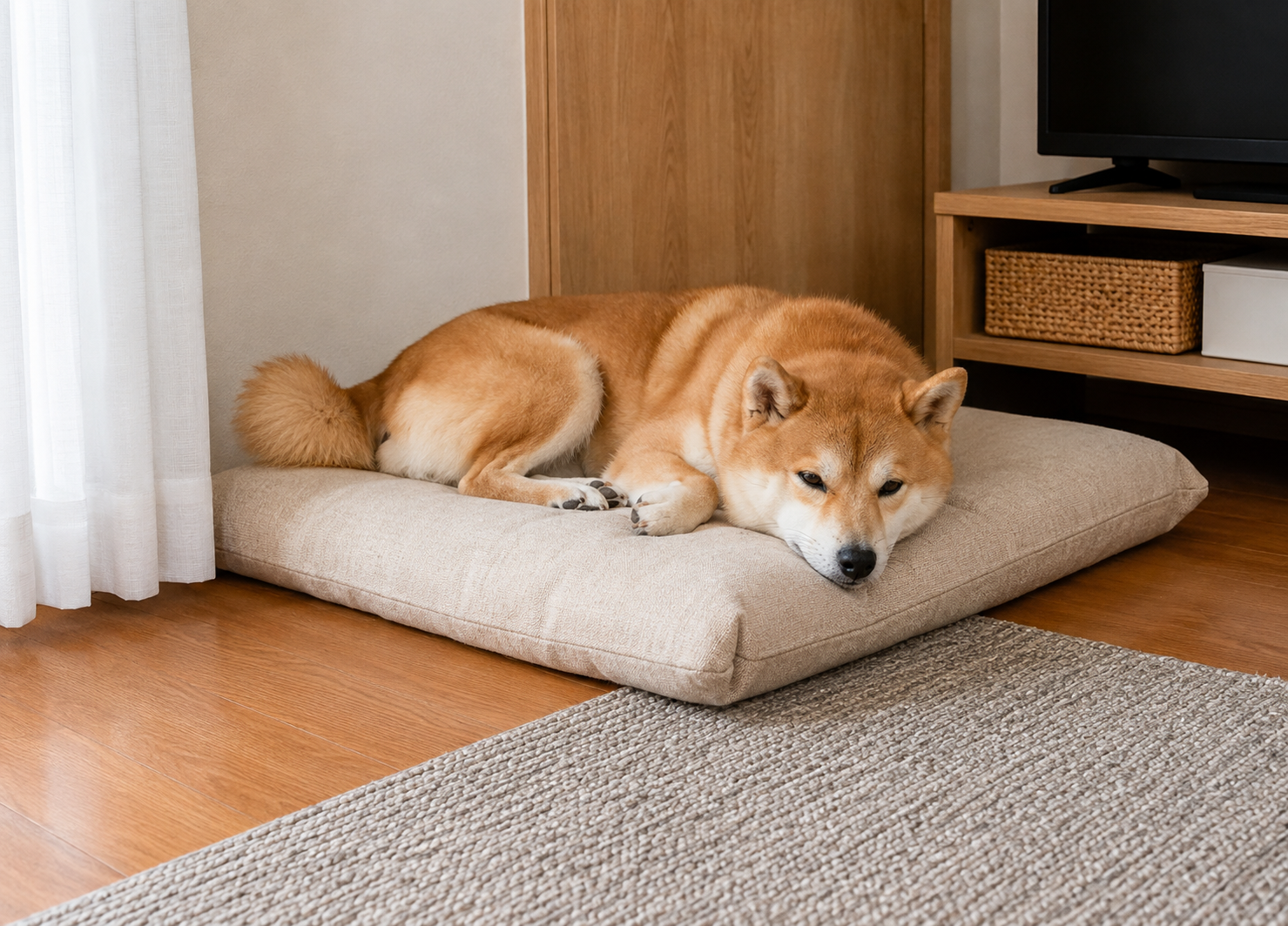 帰省先で家族に囲まれる柴犬