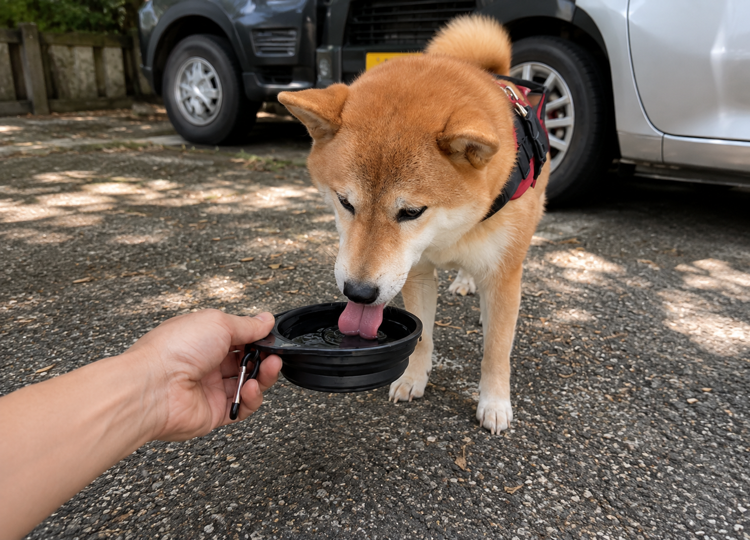 夏の帰省中に水分補給をする柴犬