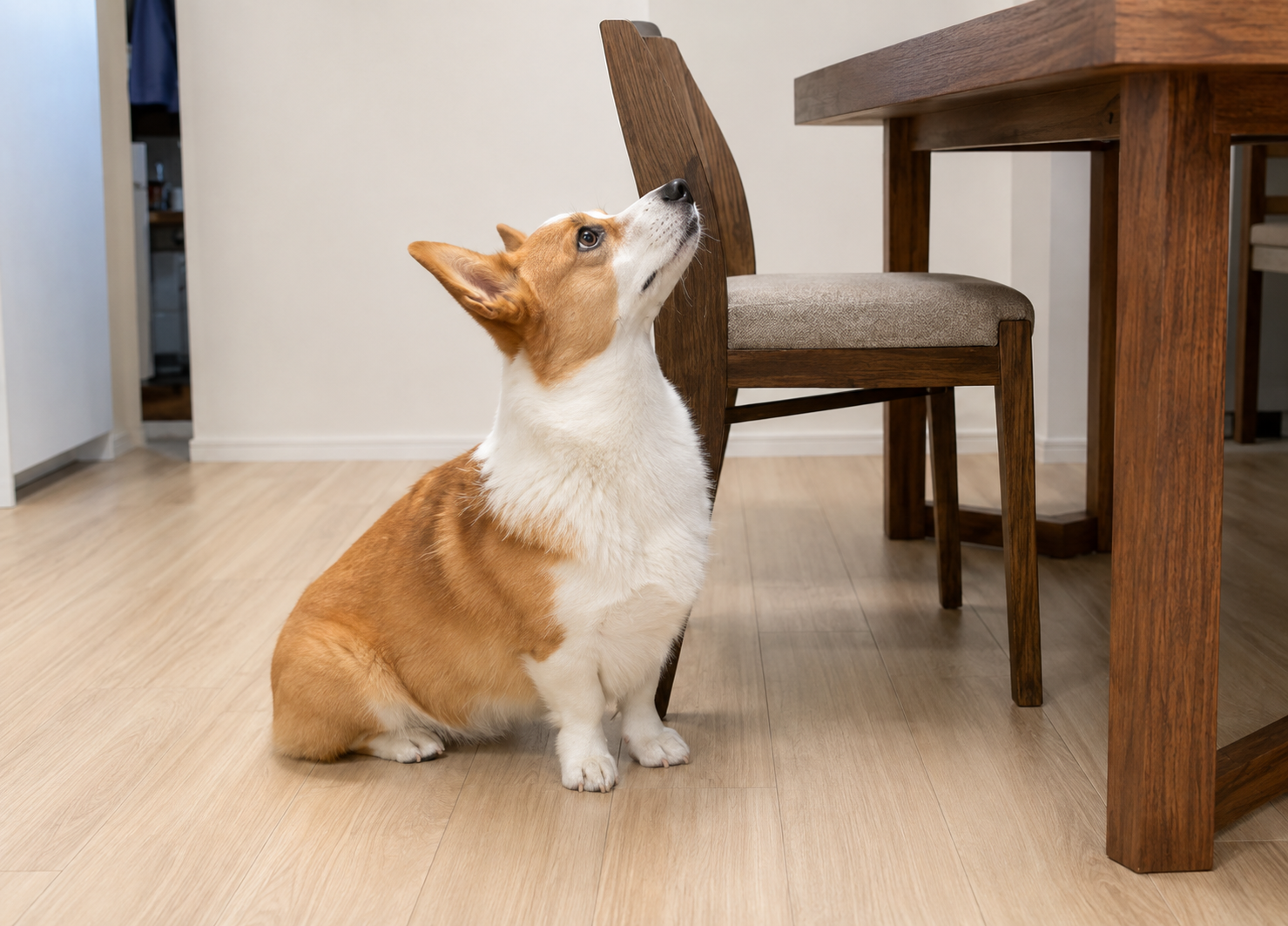 食卓のそばで飼い主を見つめる犬