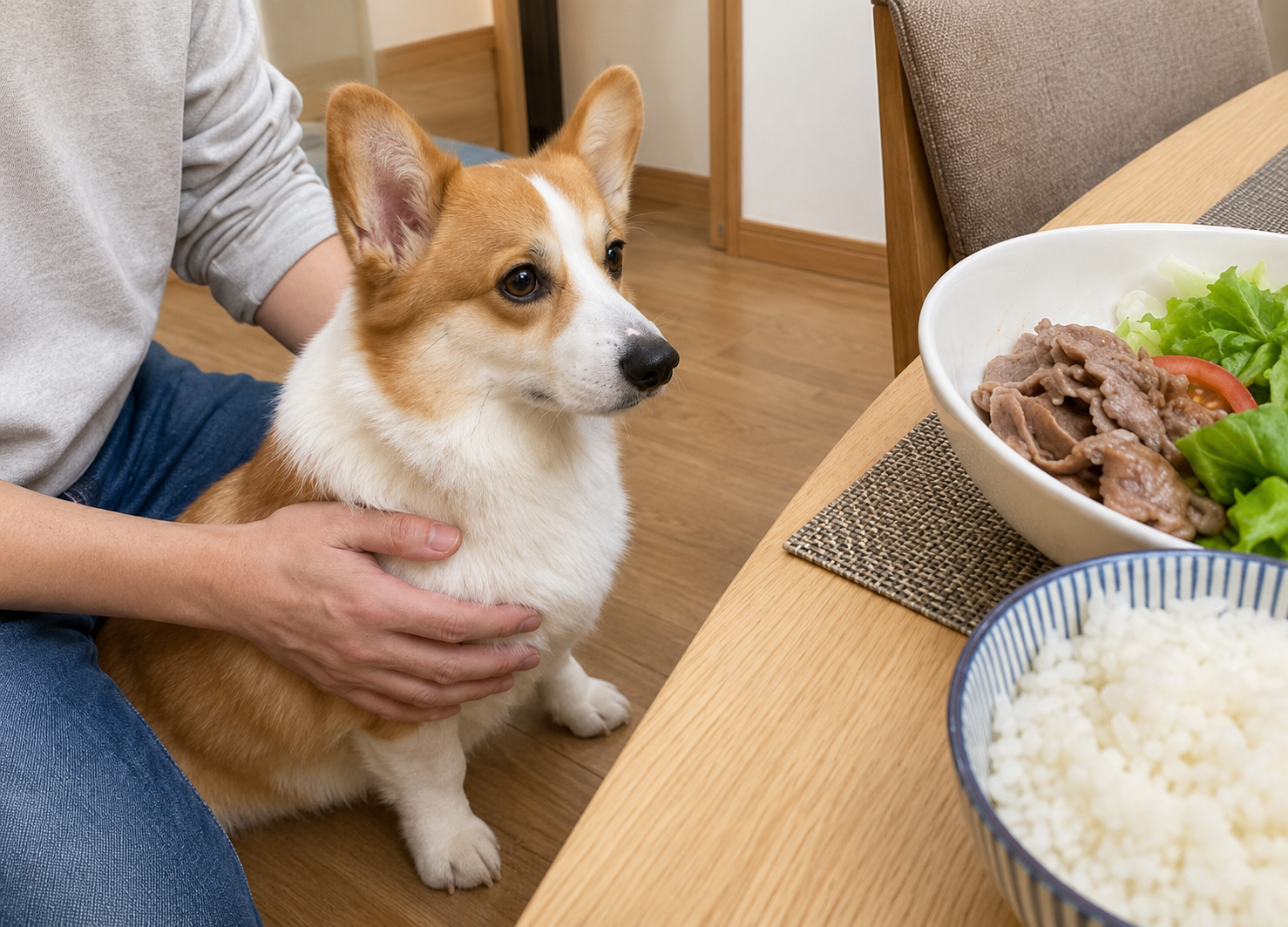 人の食事を欲しそうに見つめる犬