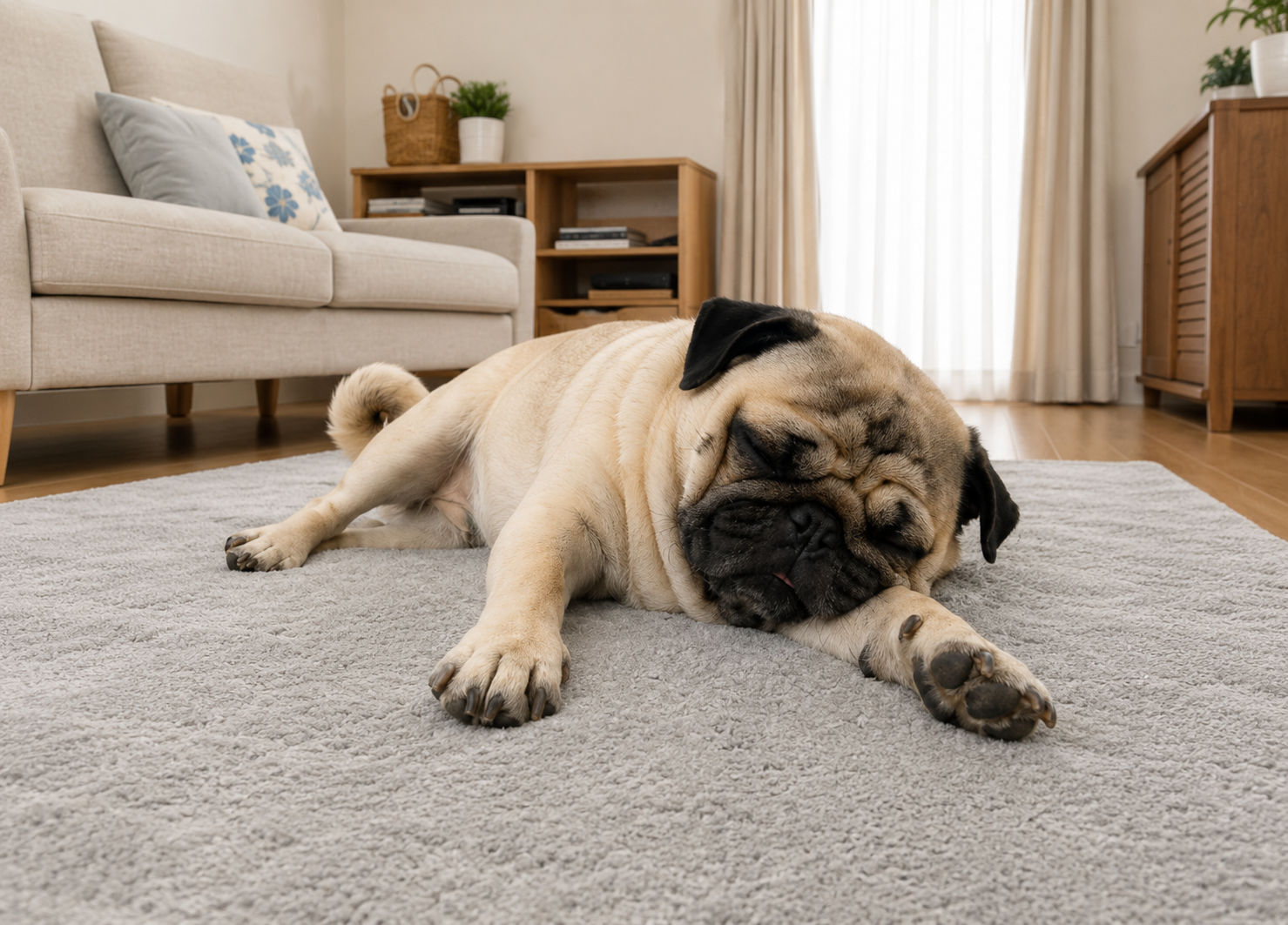 たくさん遊んだあとに眠る犬