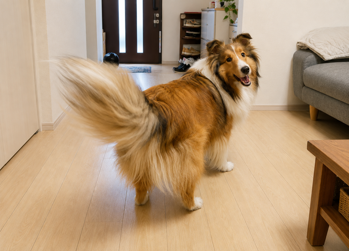 しっぽを大きく振って飼い主を迎える犬