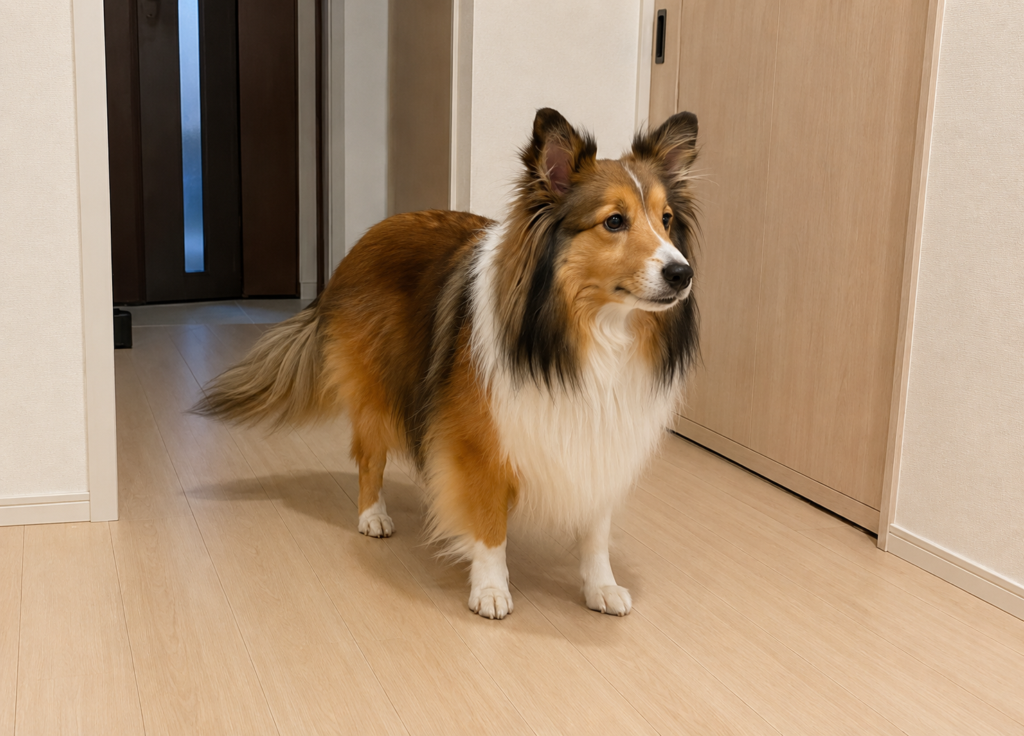 初めての場所で周囲を気にしながらしっぽを振る犬