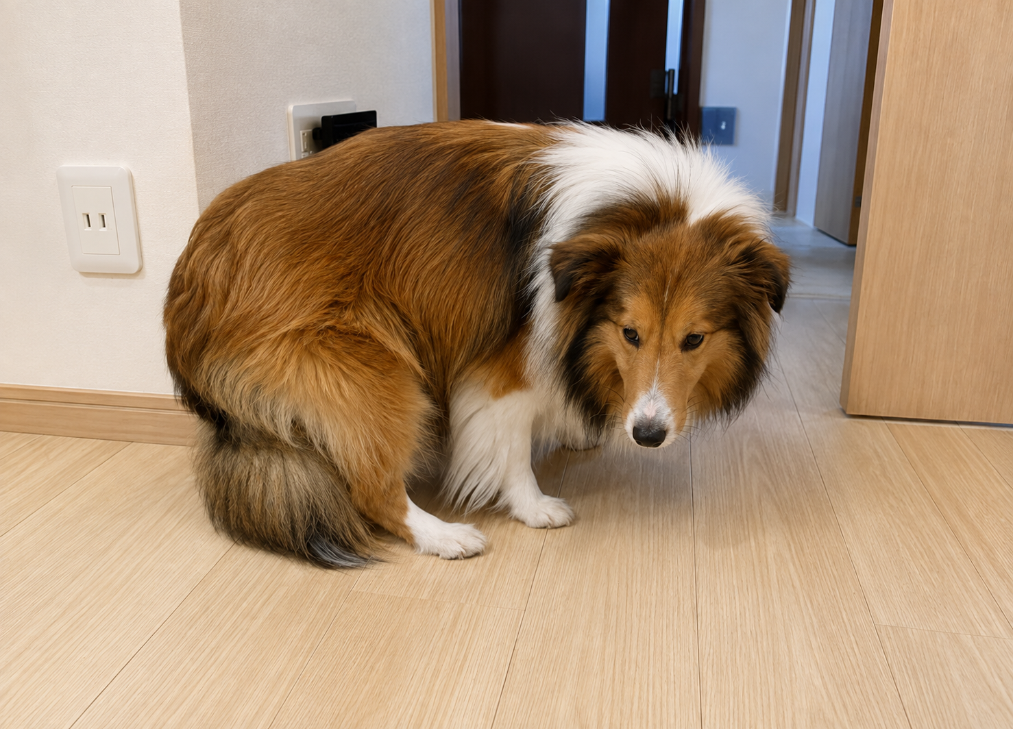 不安を感じてしっぽを低くしている犬