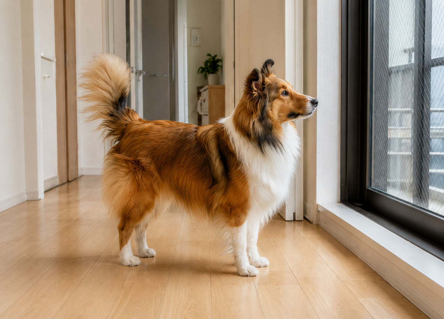 散歩中にしっぽを高く上げて遠くを見つめる犬
