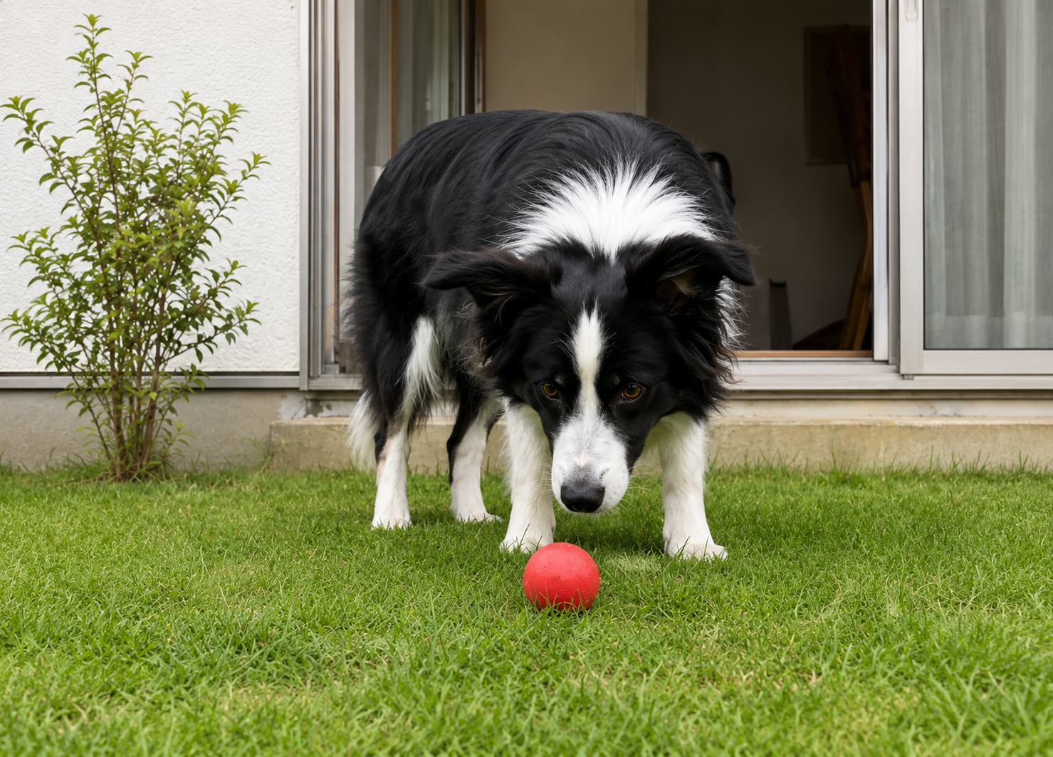芝生の上で赤いボールを探す犬