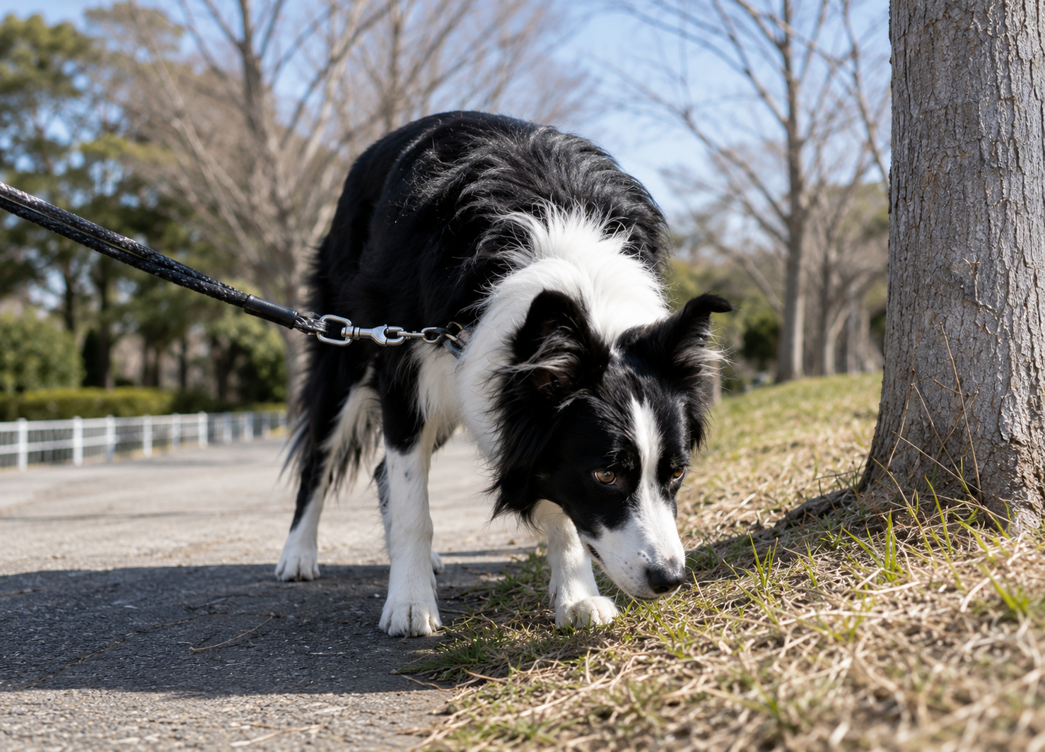 散歩中に匂いや動きから周囲を感じ取る犬