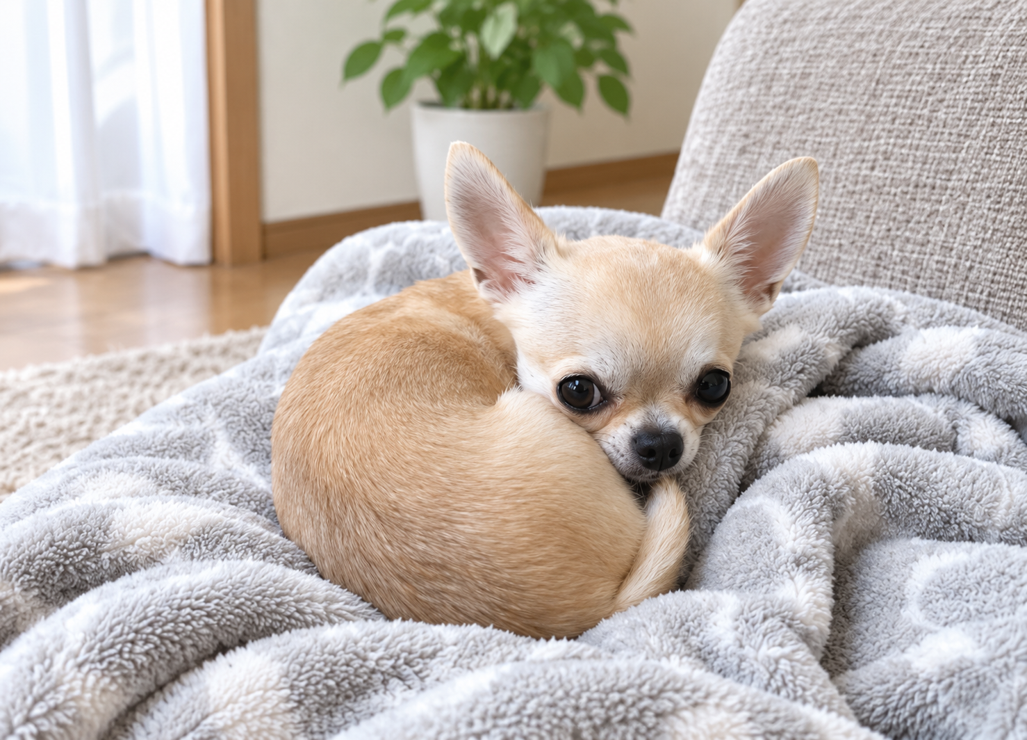 いつもと違う様子のチワワを見守る飼い主