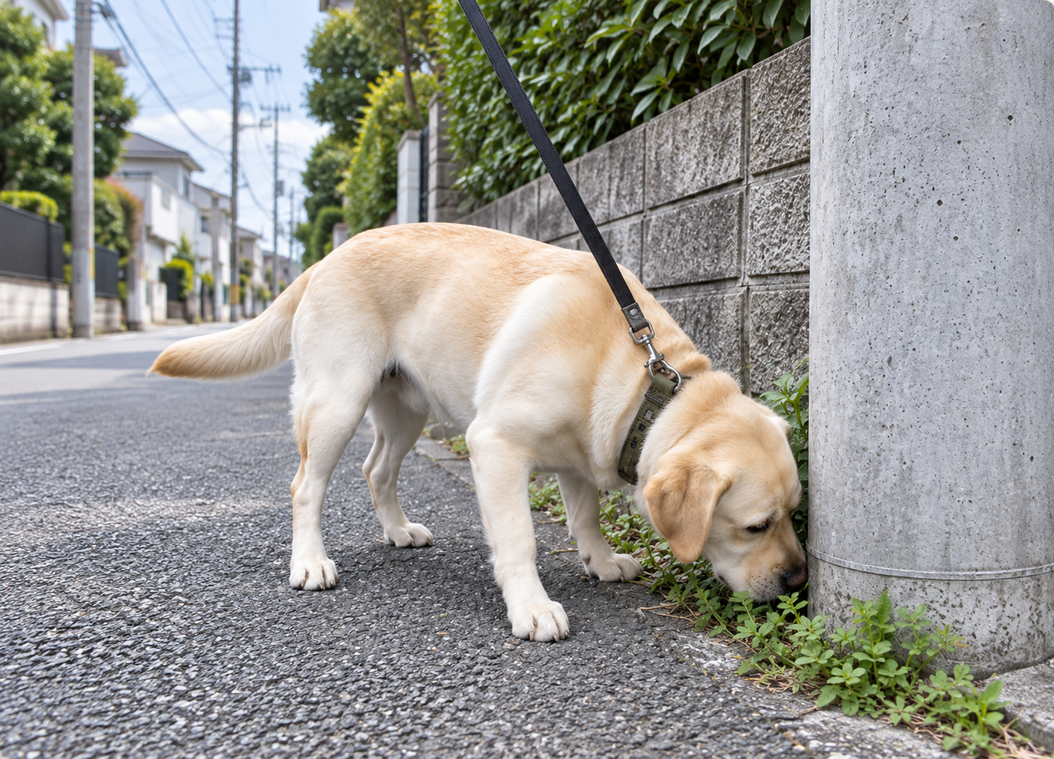 散歩中に電柱や草むらの匂いを嗅ぐ犬