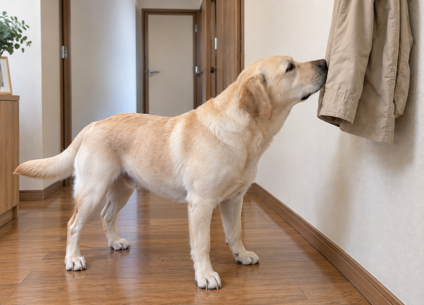 飼い主の服の匂いを嗅ぐ犬