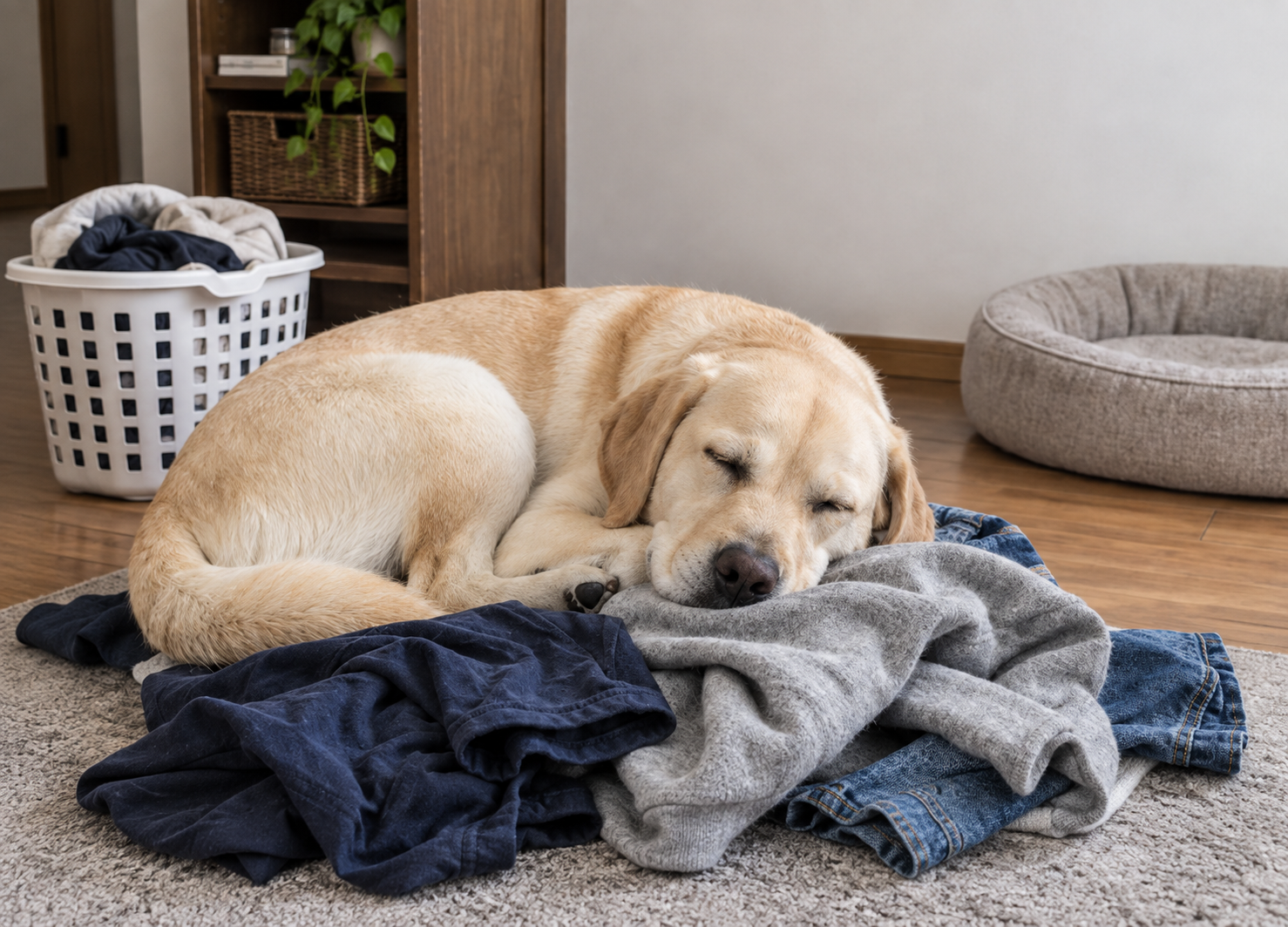 飼い主が着ていた服の上で安心して眠る犬