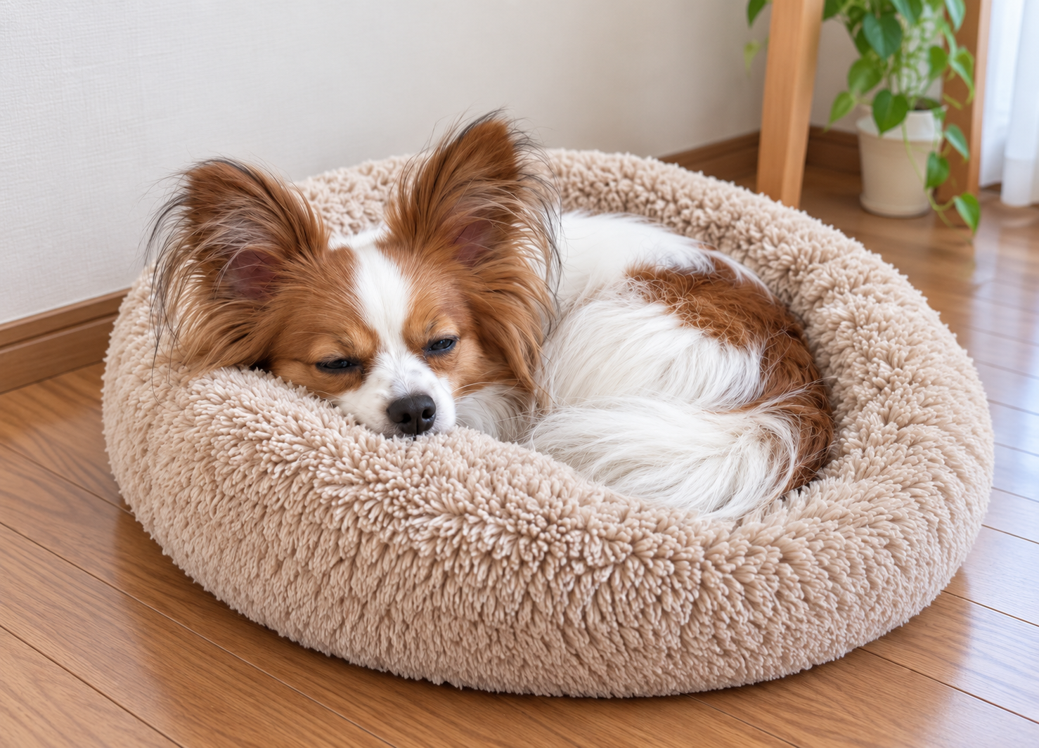 ベッドで大きなあくびをする犬