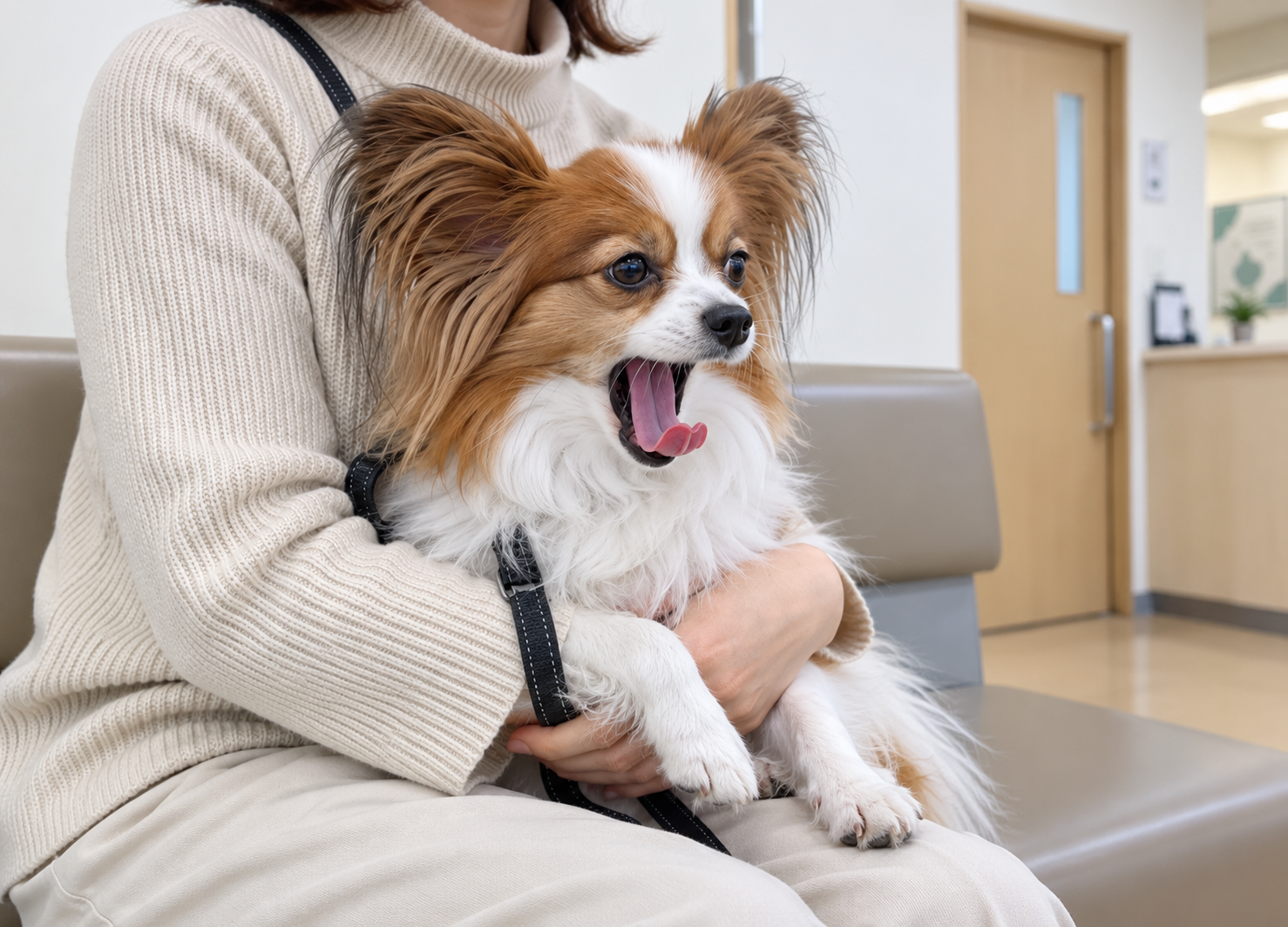 動物病院など慣れない場所であくびをする犬