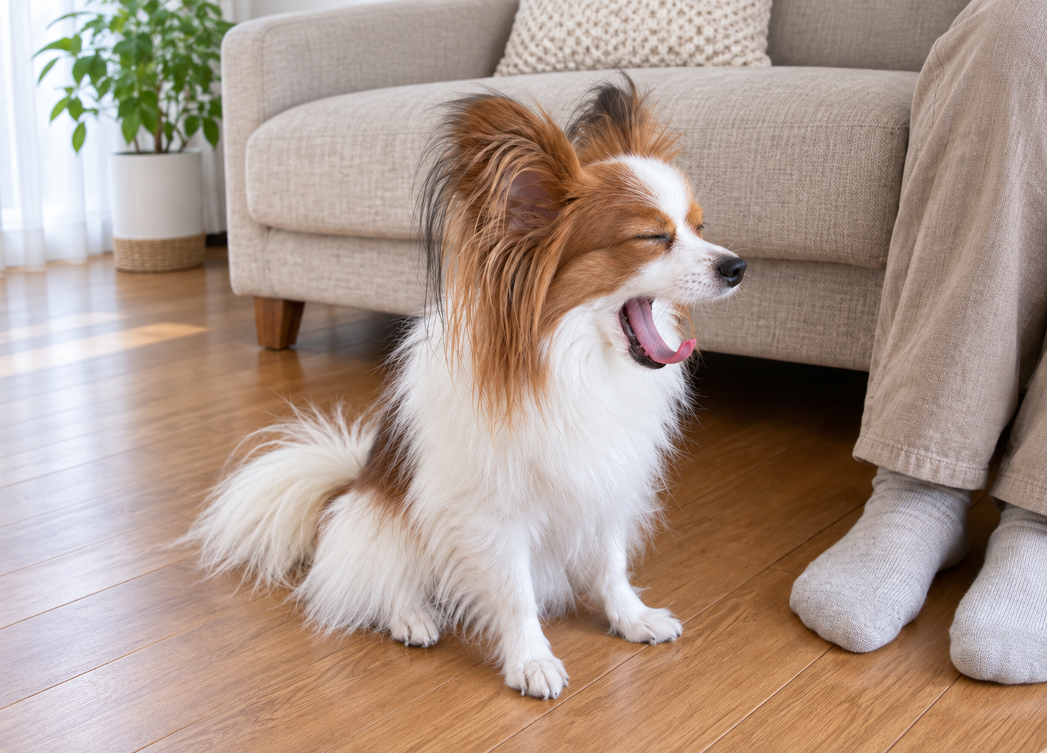 なでられている途中であくびをする犬
