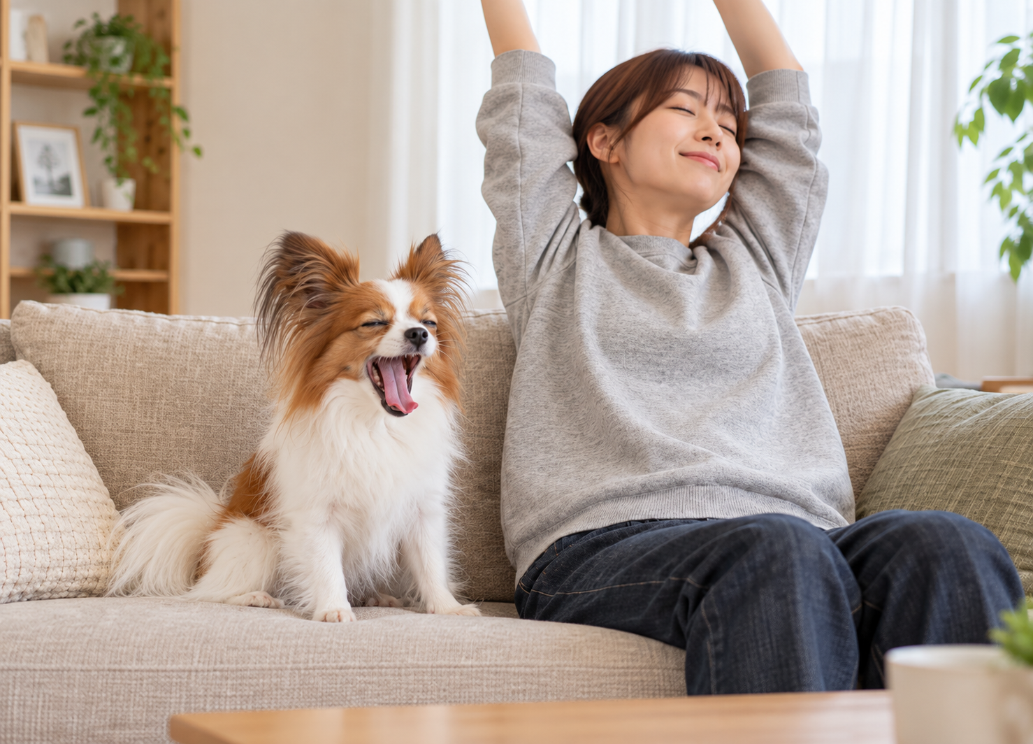 飼い主のそばであくびをする犬