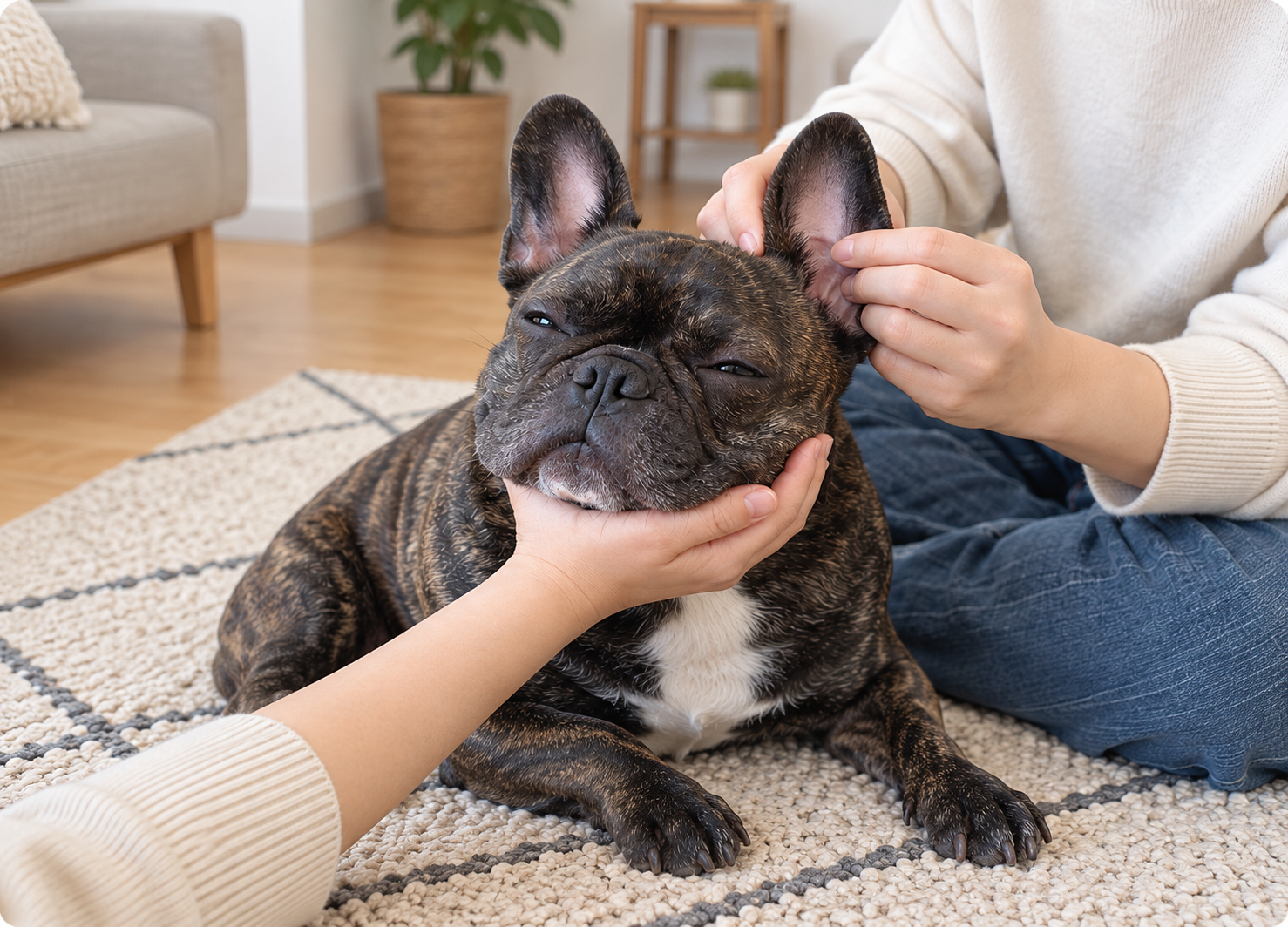 フレンチ・ブルドッグの耳の状態をやさしく確認する飼い主