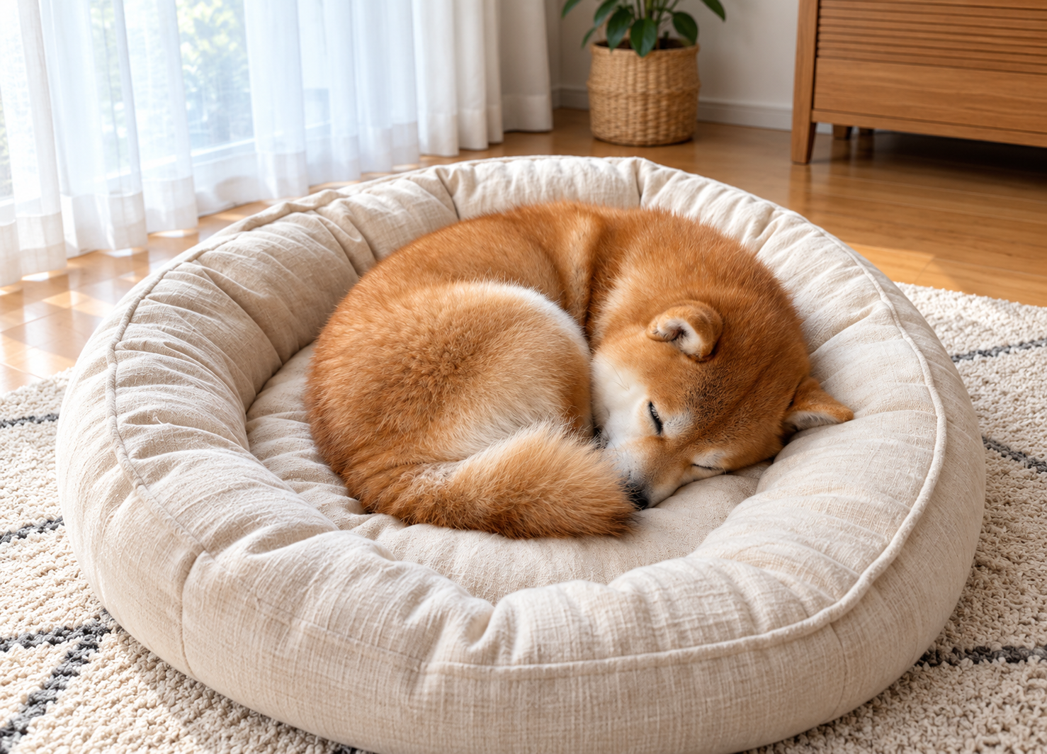 体を丸くしてアンモナイトのように眠る犬