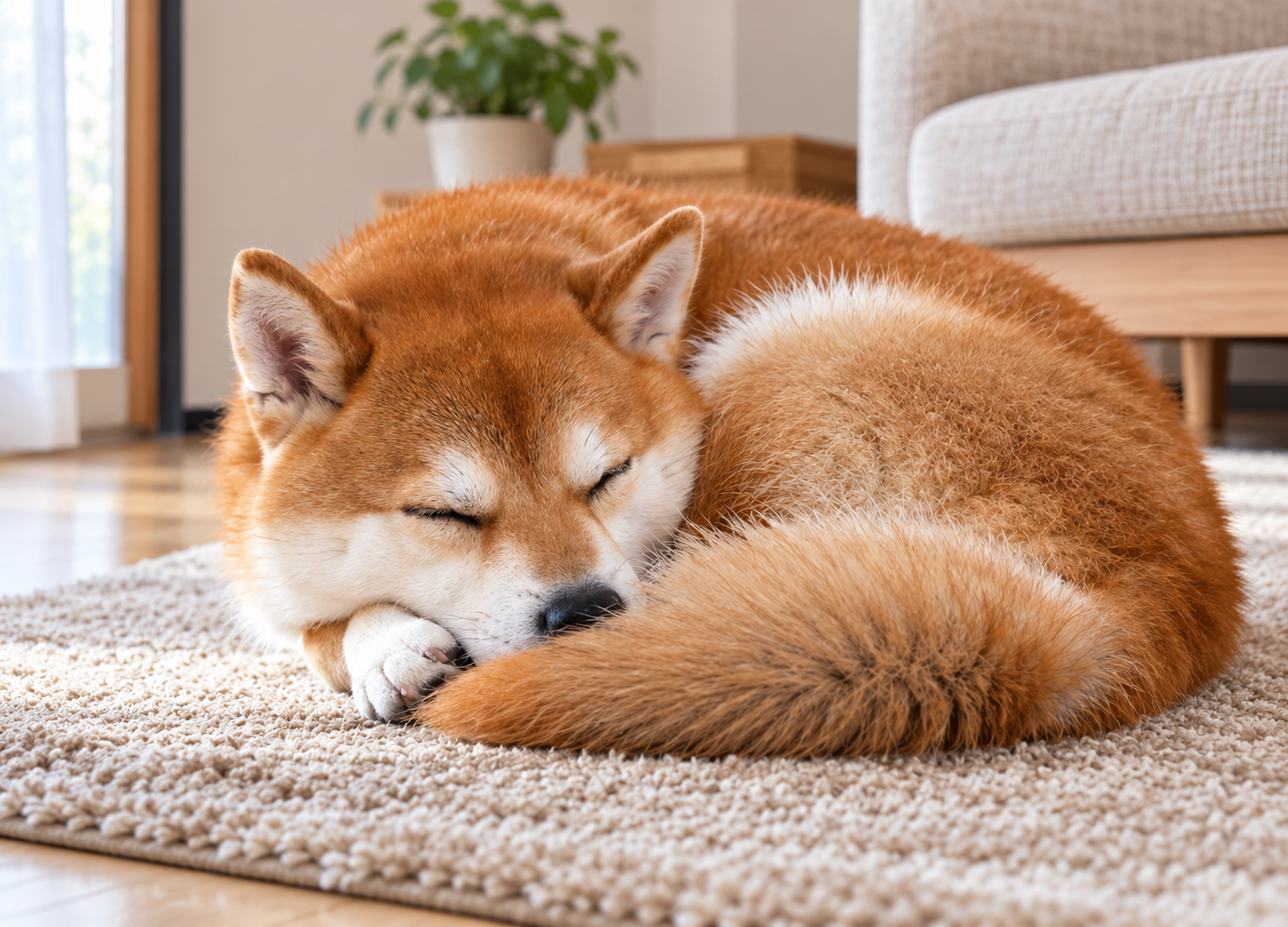 お腹を内側に隠すように丸まって眠る犬